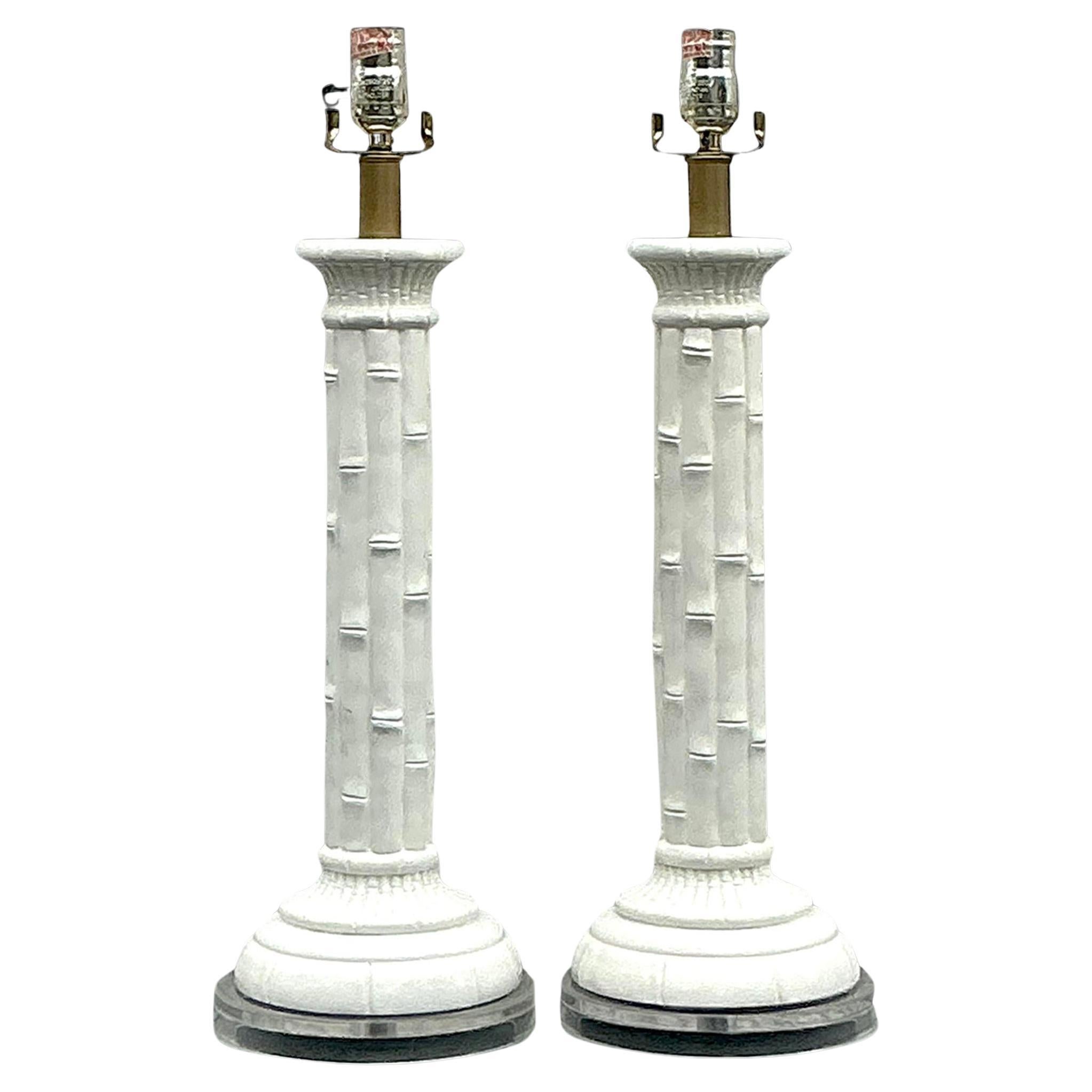 Vintage Boho Glazed Ceramic Bamboo Lamps - a Pair