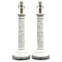 Vintage Boho Glazed Ceramic Bamboo Lamps - a Pair