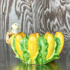 Vintage Boho Glazed Ceramic Banana Bowl With Little Monkey