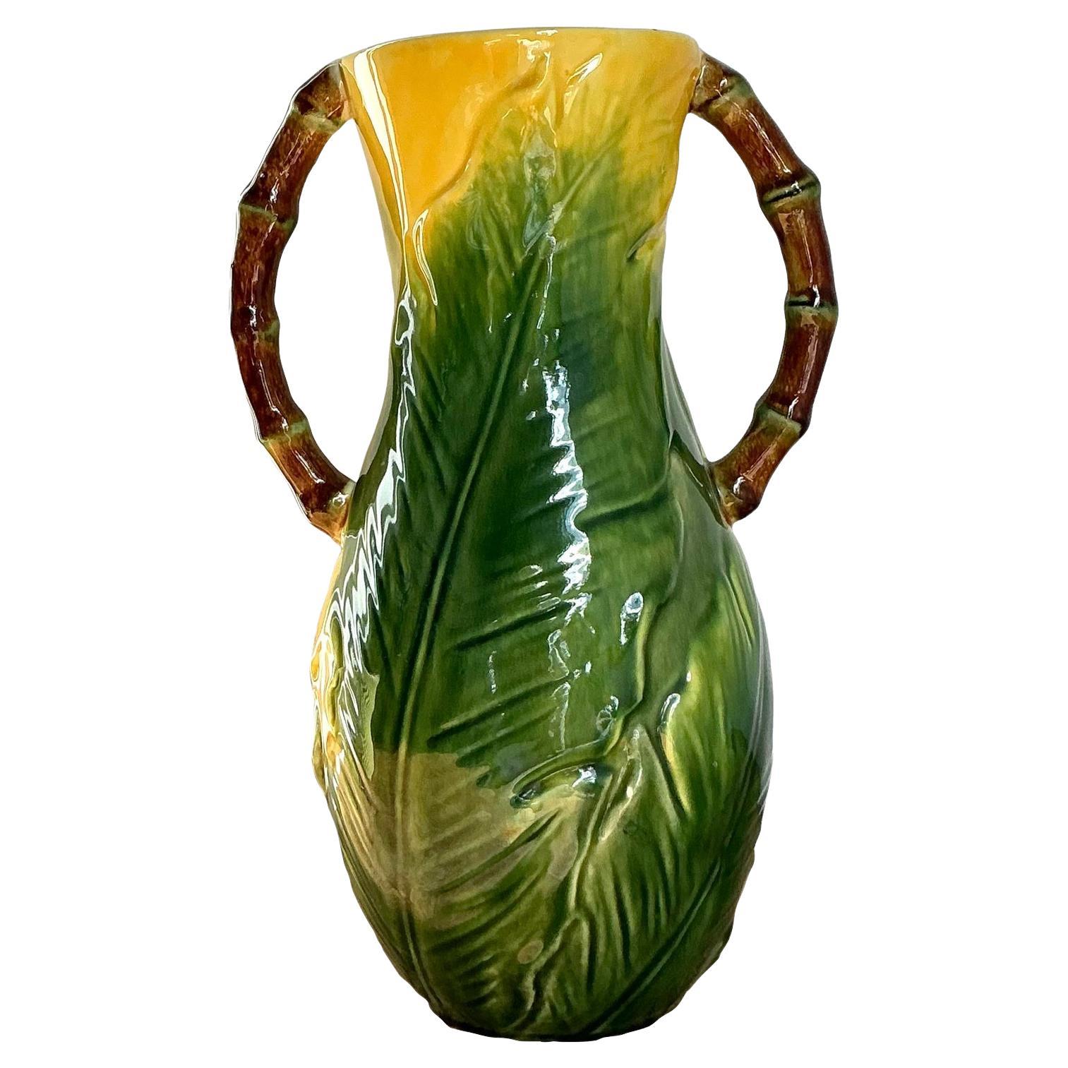 Vintage Boho Glazed Ceramic Banana Leaf Vase