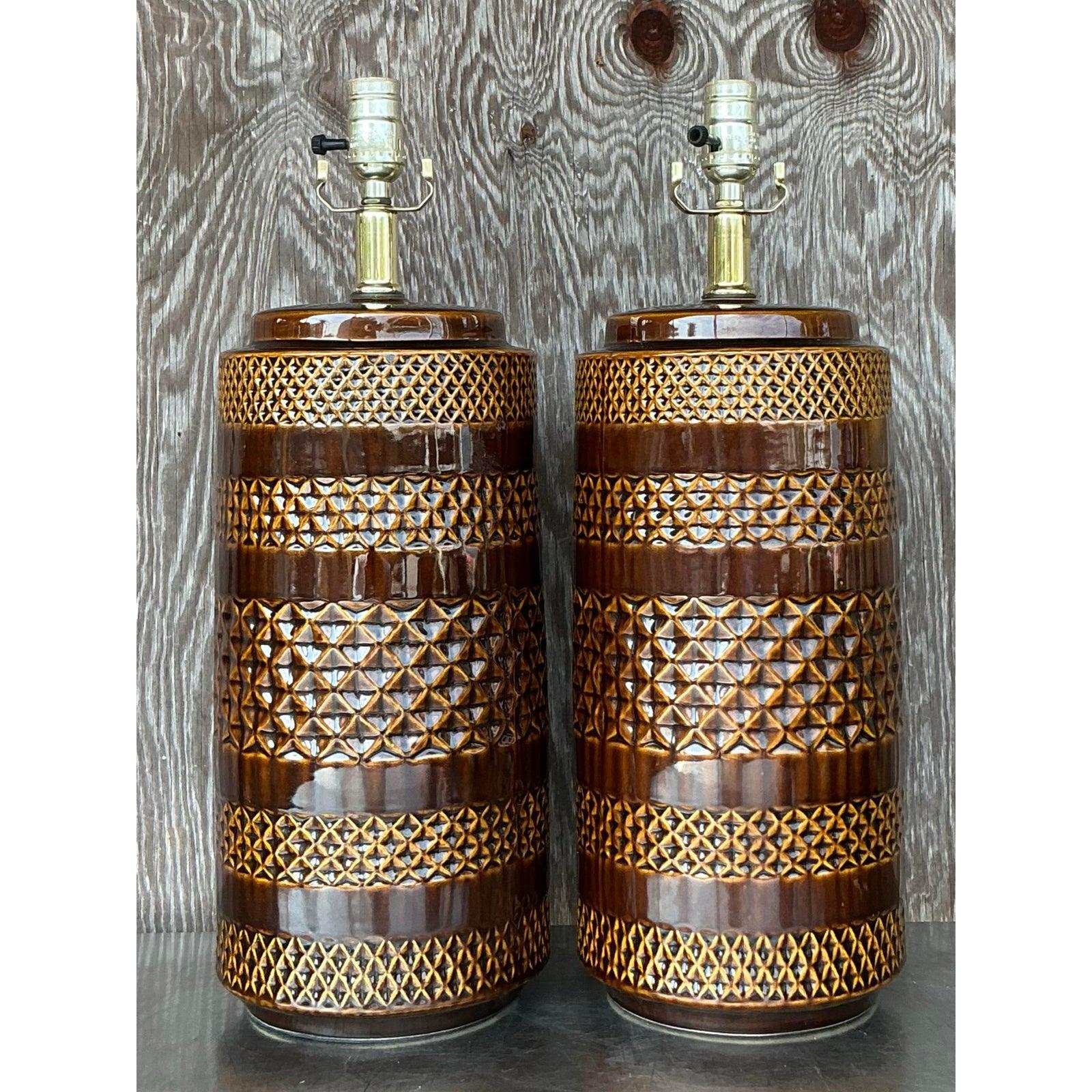 Américain Paire de lampes Boho en céramique émaillée en vente