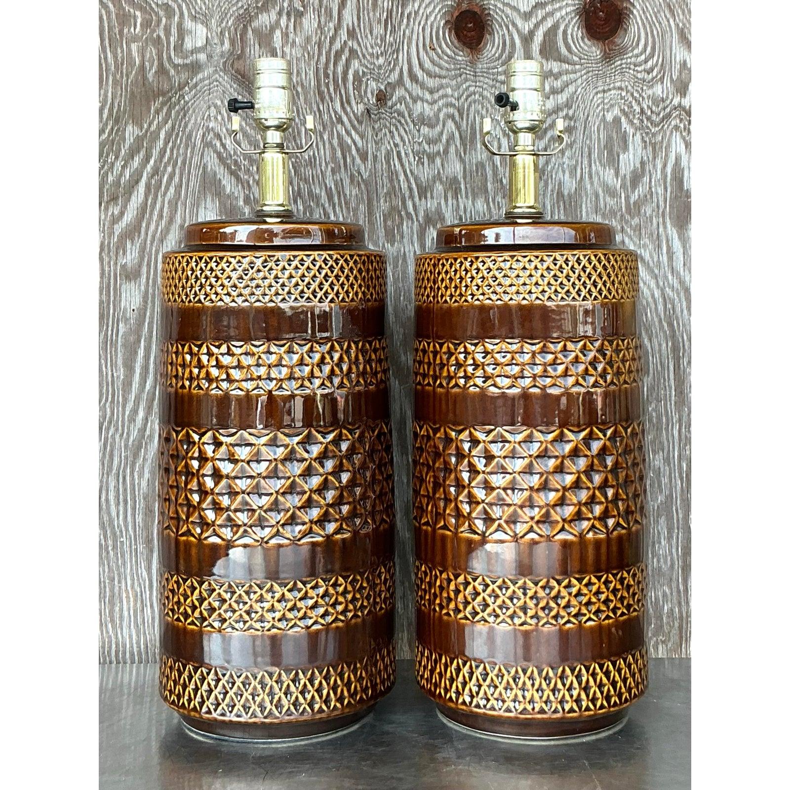 Paire de lampes Boho en céramique émaillée Bon état - En vente à west palm beach, FL