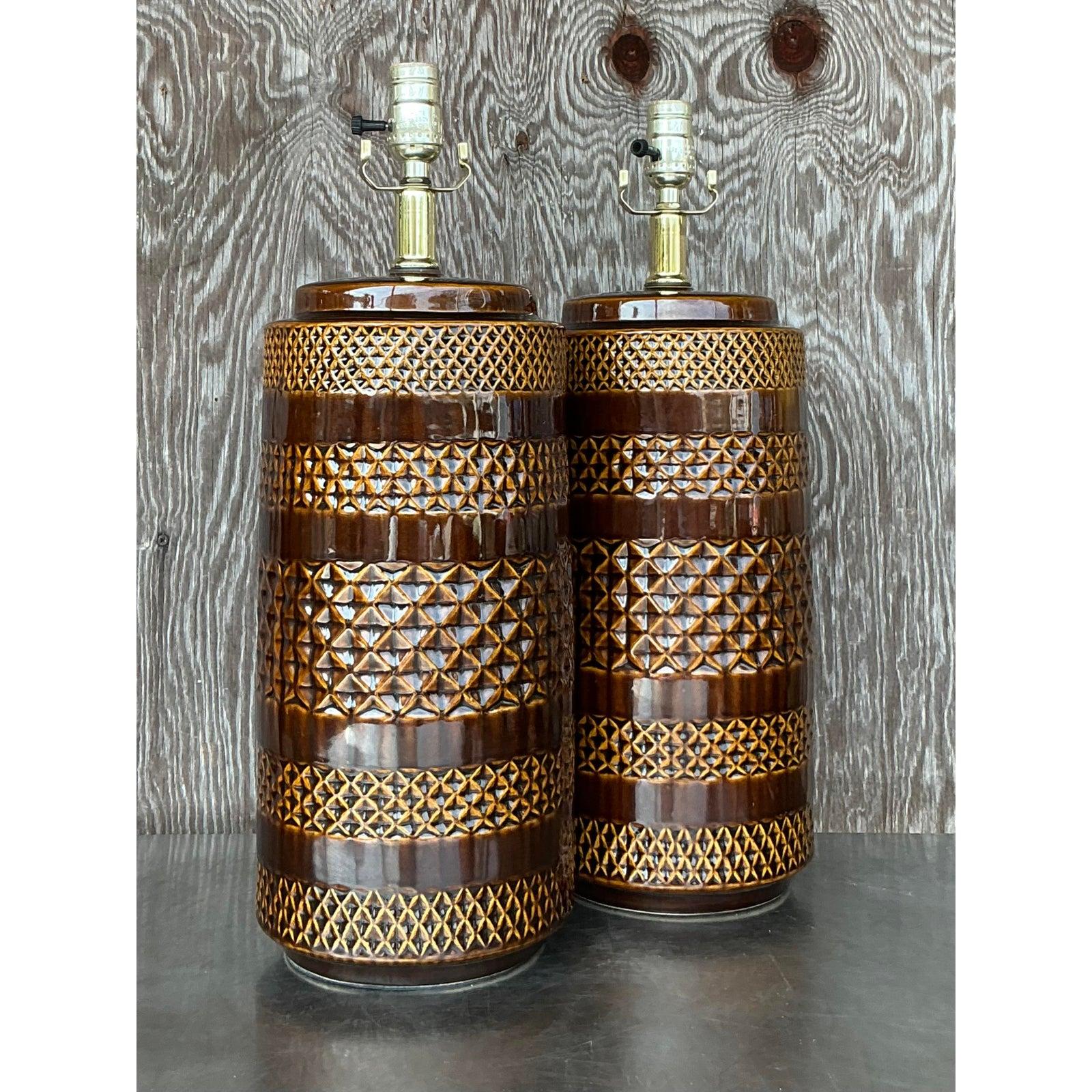 20ième siècle Paire de lampes Boho en céramique émaillée en vente