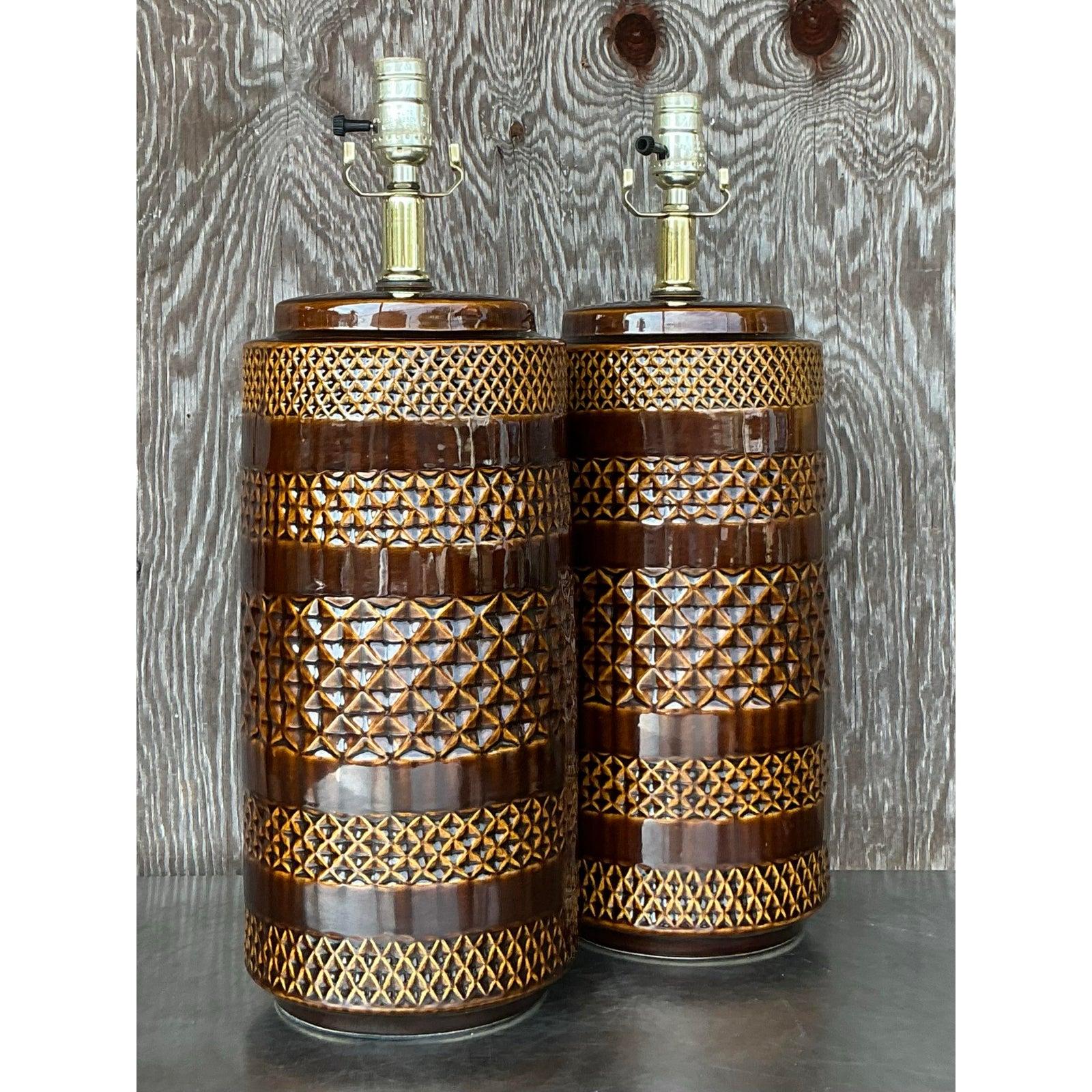 Céramique Paire de lampes Boho en céramique émaillée en vente