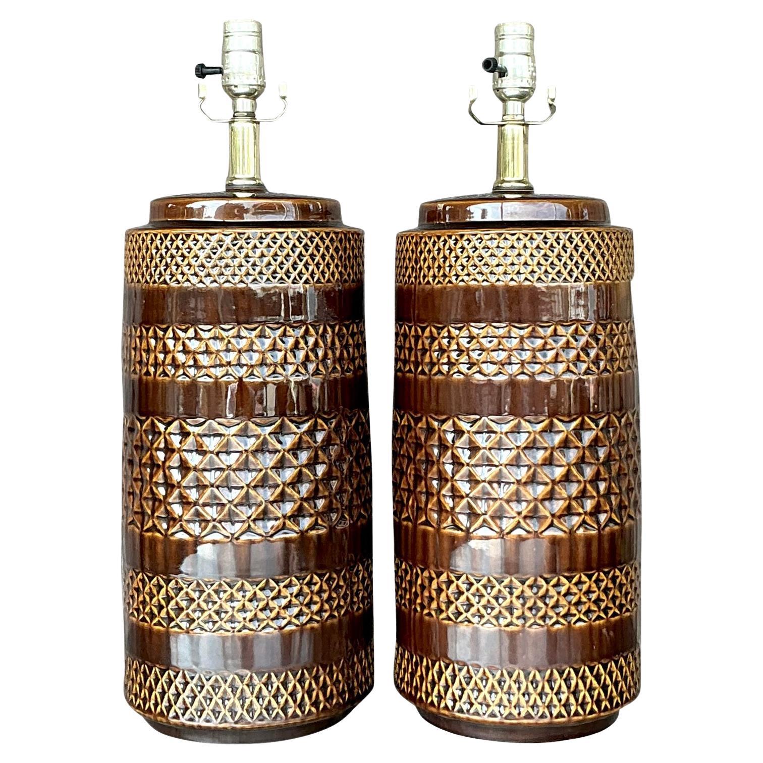 Vintage Boho Glazed Ceramic Band Lamps - a Pair