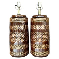 Vintage Boho Glazed Ceramic Band Lamps - a Pair