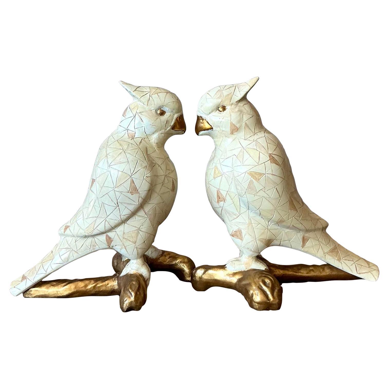 Paire d'oiseaux vintage en céramique émaillée Boho