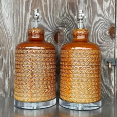 Vintage Boho Glazed Ceramic Braided Rope Table Lamps - a Pair
