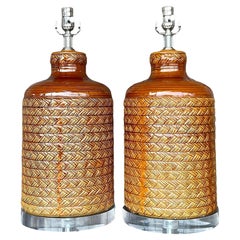 Vieille lampe de table Boho en cramique maille avec corde tresse - une paire