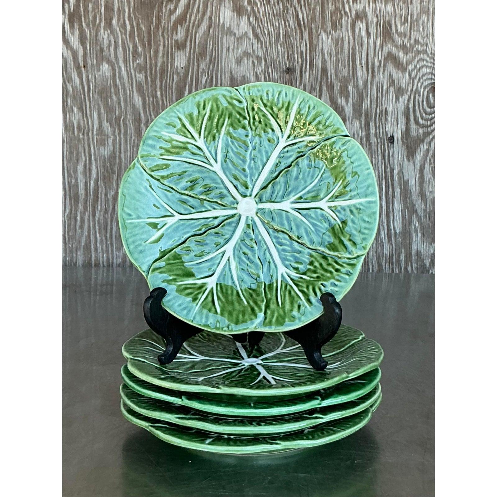 Chinese Vintage Boho Glazed Ceramic Cabbage Plates - Set of 4 For Sale