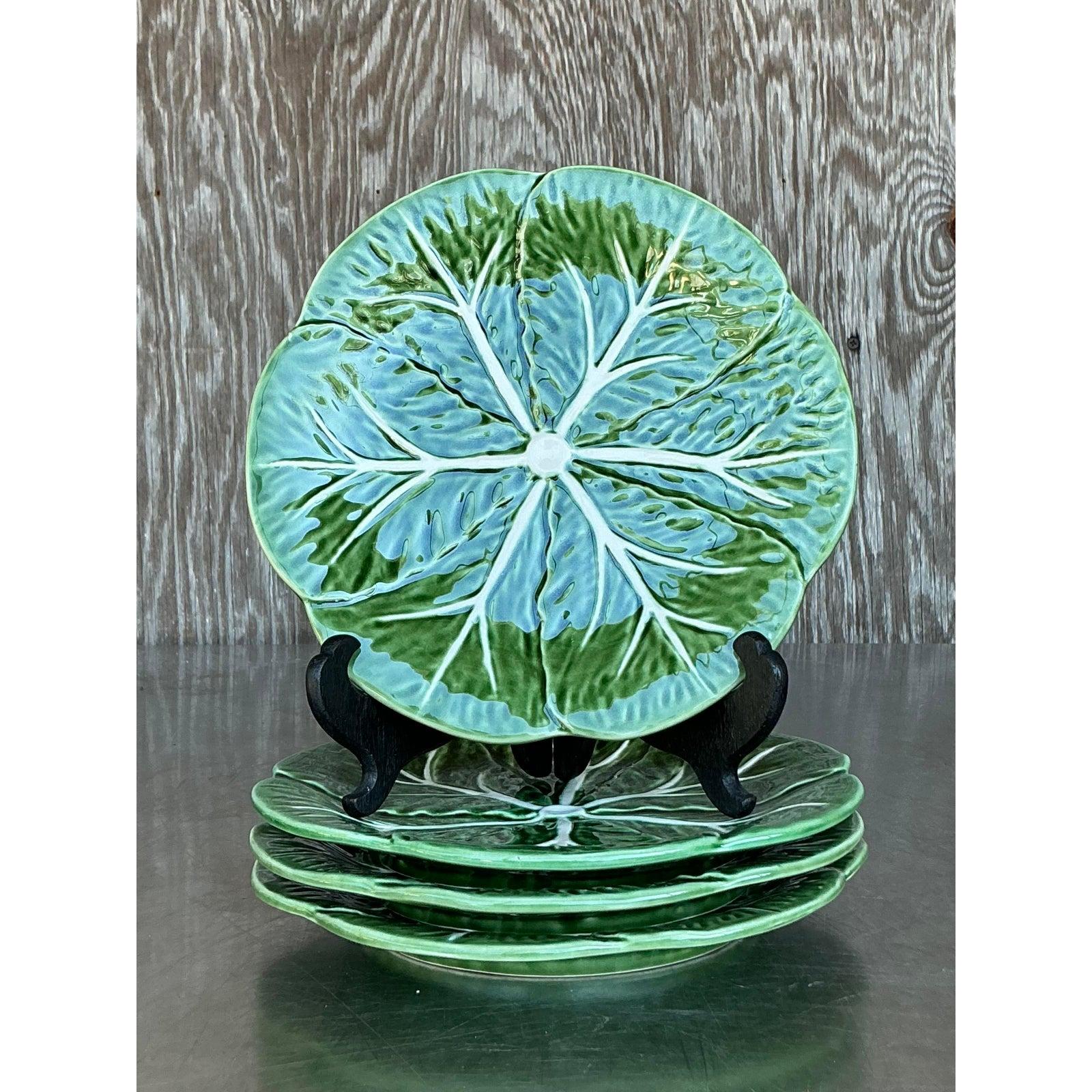 Vintage Boho Glazed Ceramic Cabbage Plates - Set of 4 In Good Condition For Sale In West Palm Beach, FL