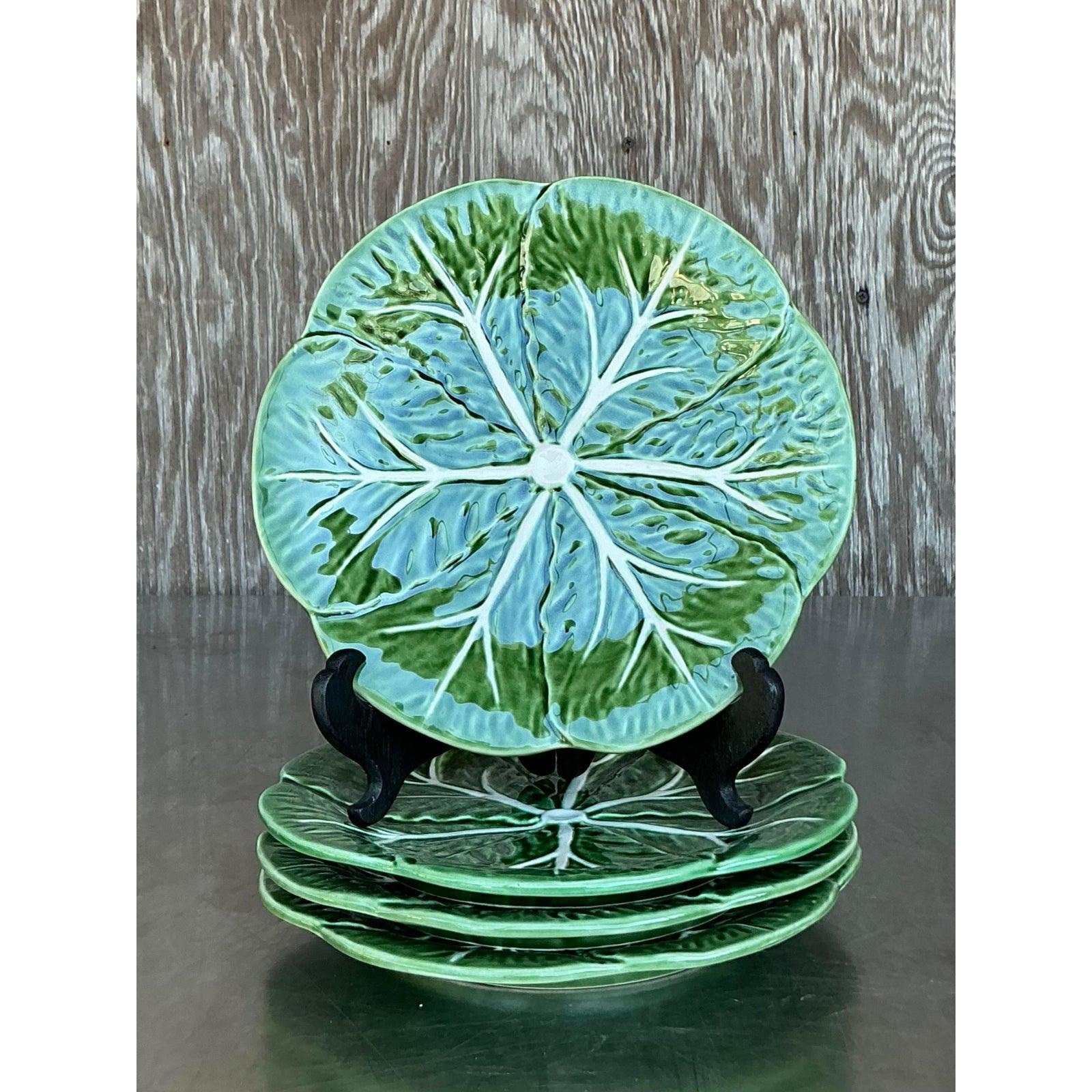 20th Century Vintage Boho Glazed Ceramic Cabbage Plates - Set of 4 For Sale
