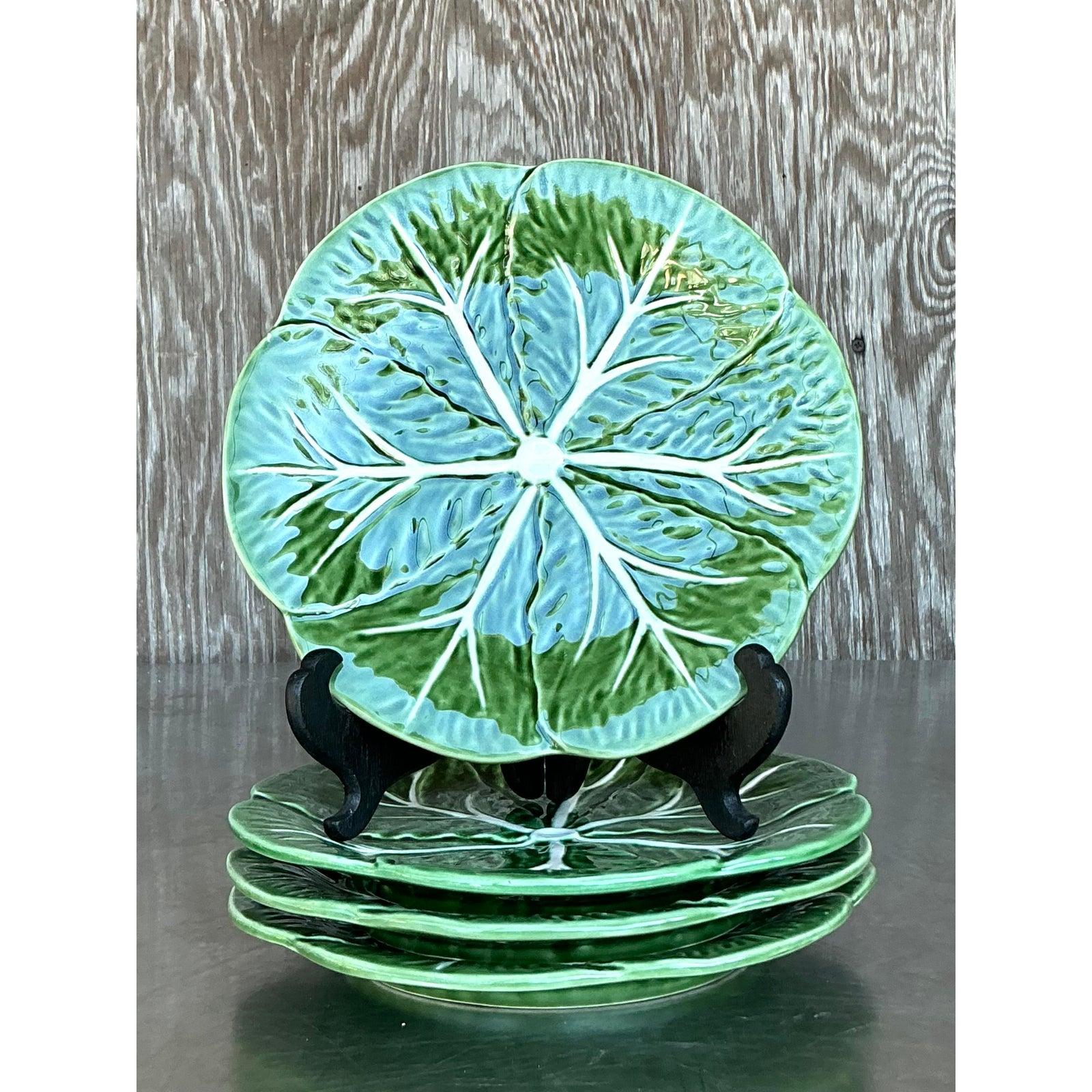 Vintage Boho Glazed Ceramic Cabbage Plates - Set of 4 For Sale 1