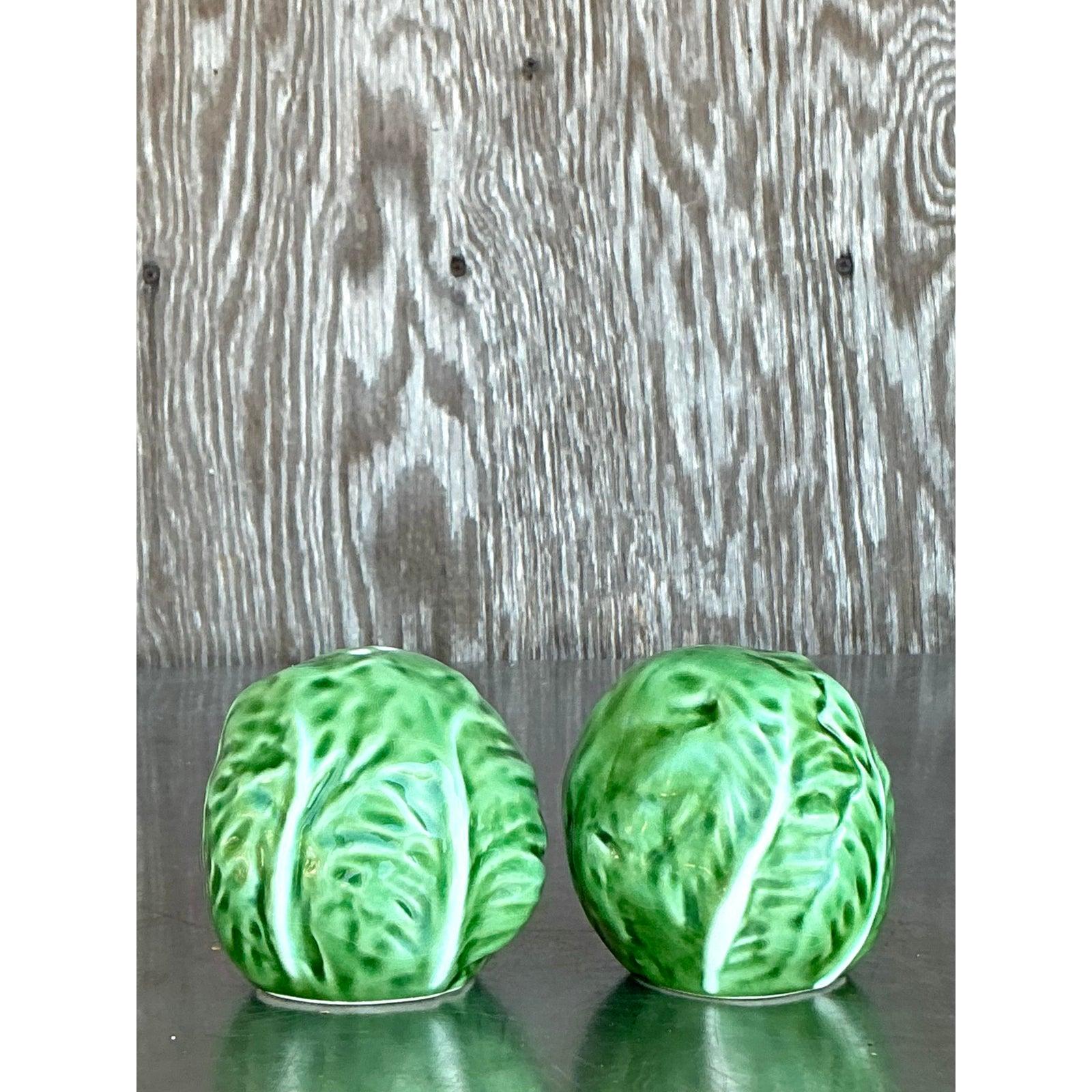 Mid-Century Modern Salière et Poivrière Vintage Boho en céramique émaillée Cabbage en vente