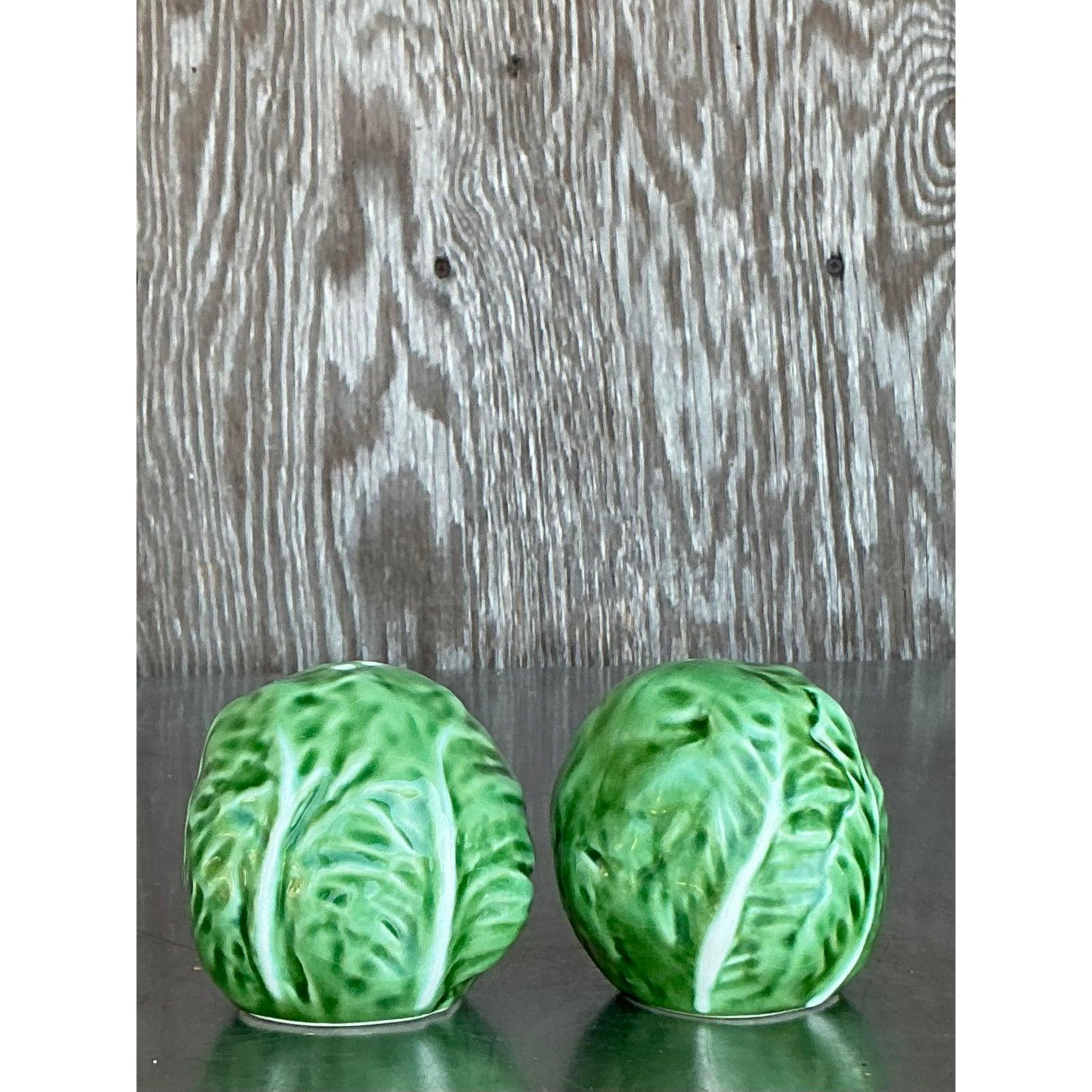 Portugais Salière et Poivrière Vintage Boho en céramique émaillée Cabbage en vente