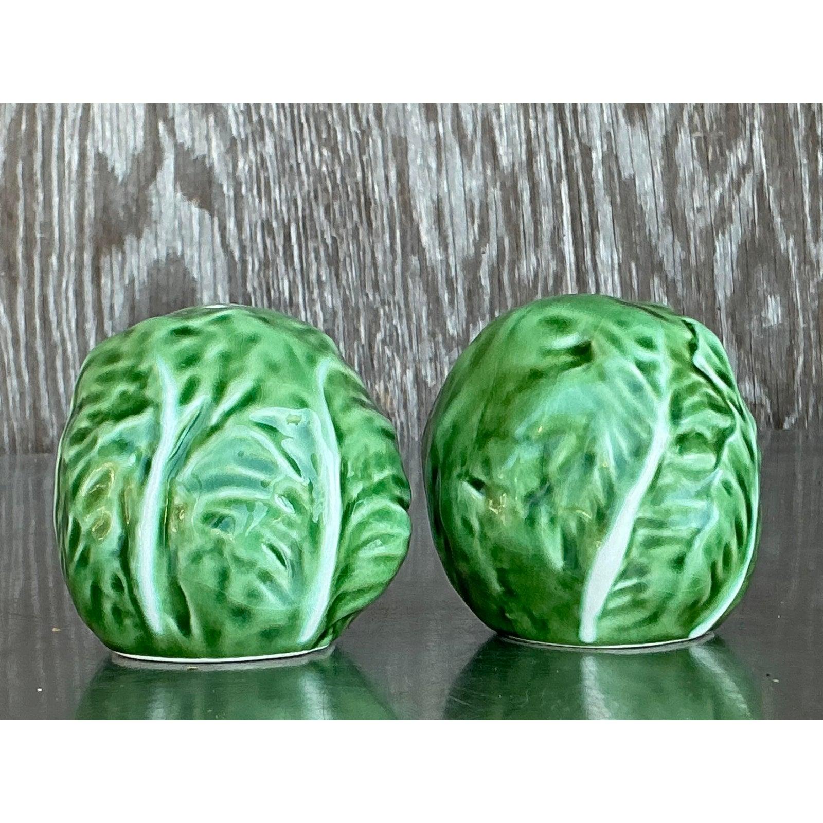 Salière et Poivrière Vintage Boho en céramique émaillée Cabbage Bon état - En vente à West Palm Beach, FL