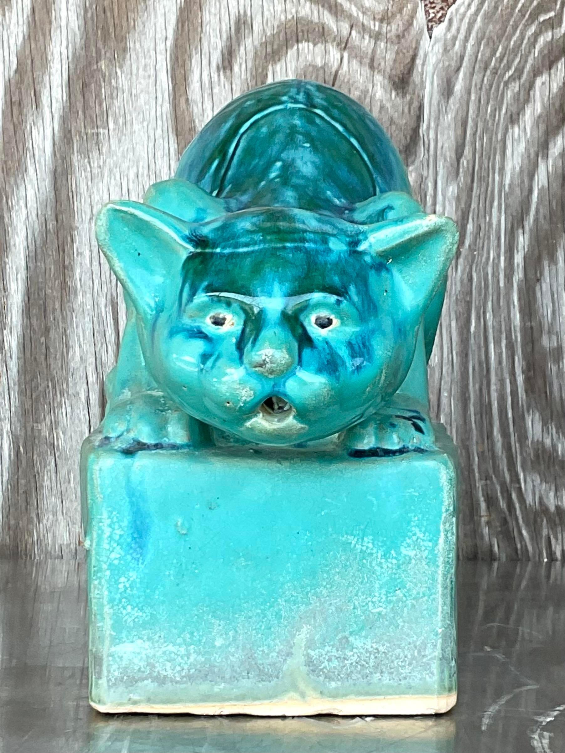 Vintage Boho Glazed Ceramic Cat In Good Condition In west palm beach, FL