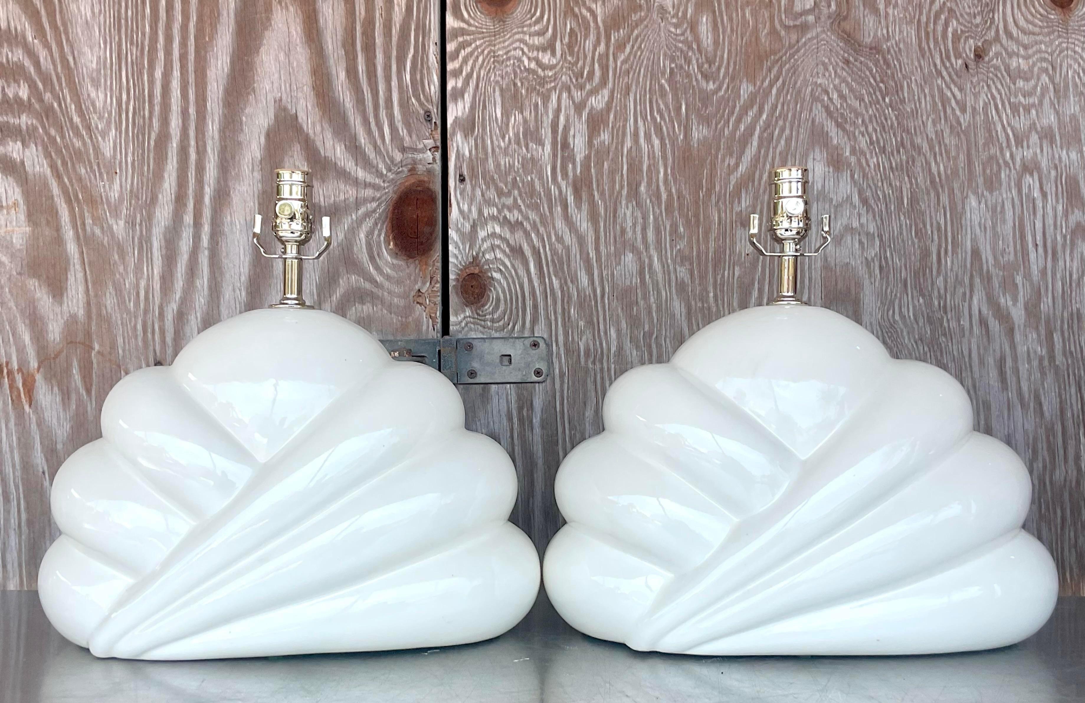 A fabulous pair of vintage Boho table lamps. A glazed ceramic finish in a great cloud design. Fully restored with all new wiring and hardware. Acquired from a Palm Beach estate.