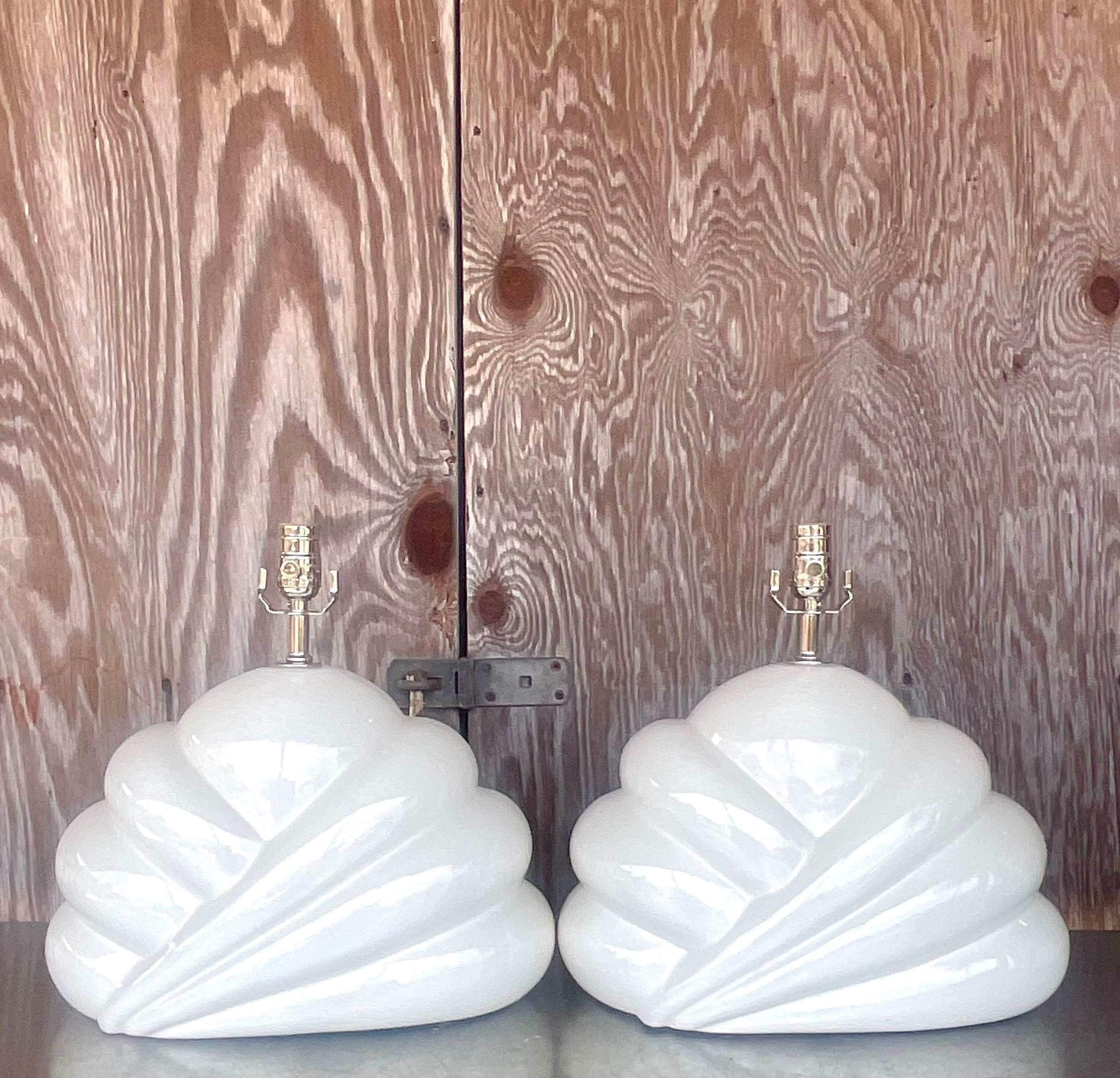 Vintage Boho Glazed Ceramic Cloud Lamps - a Pair In Good Condition For Sale In west palm beach, FL