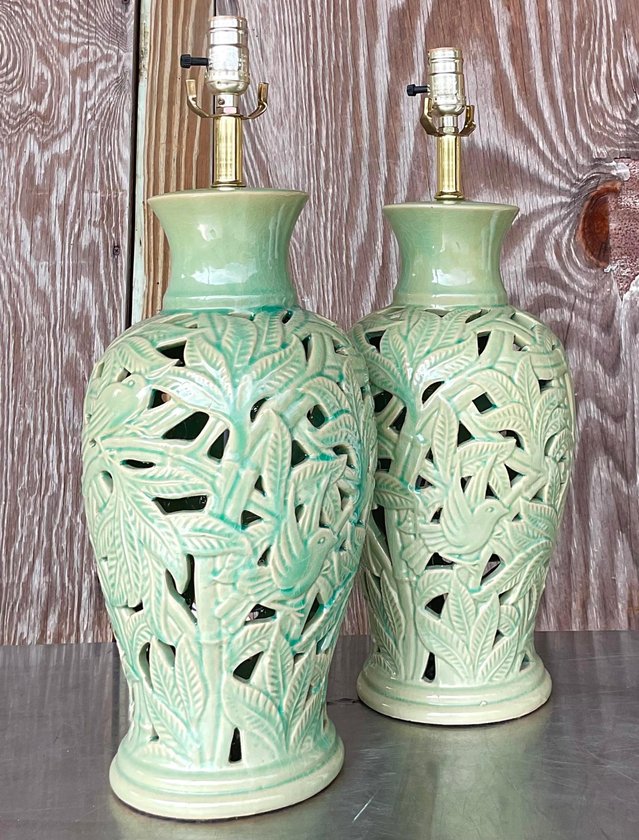 American Vintage Boho Glazed Ceramic Cut Out Leaf Lamps - a Pair For Sale