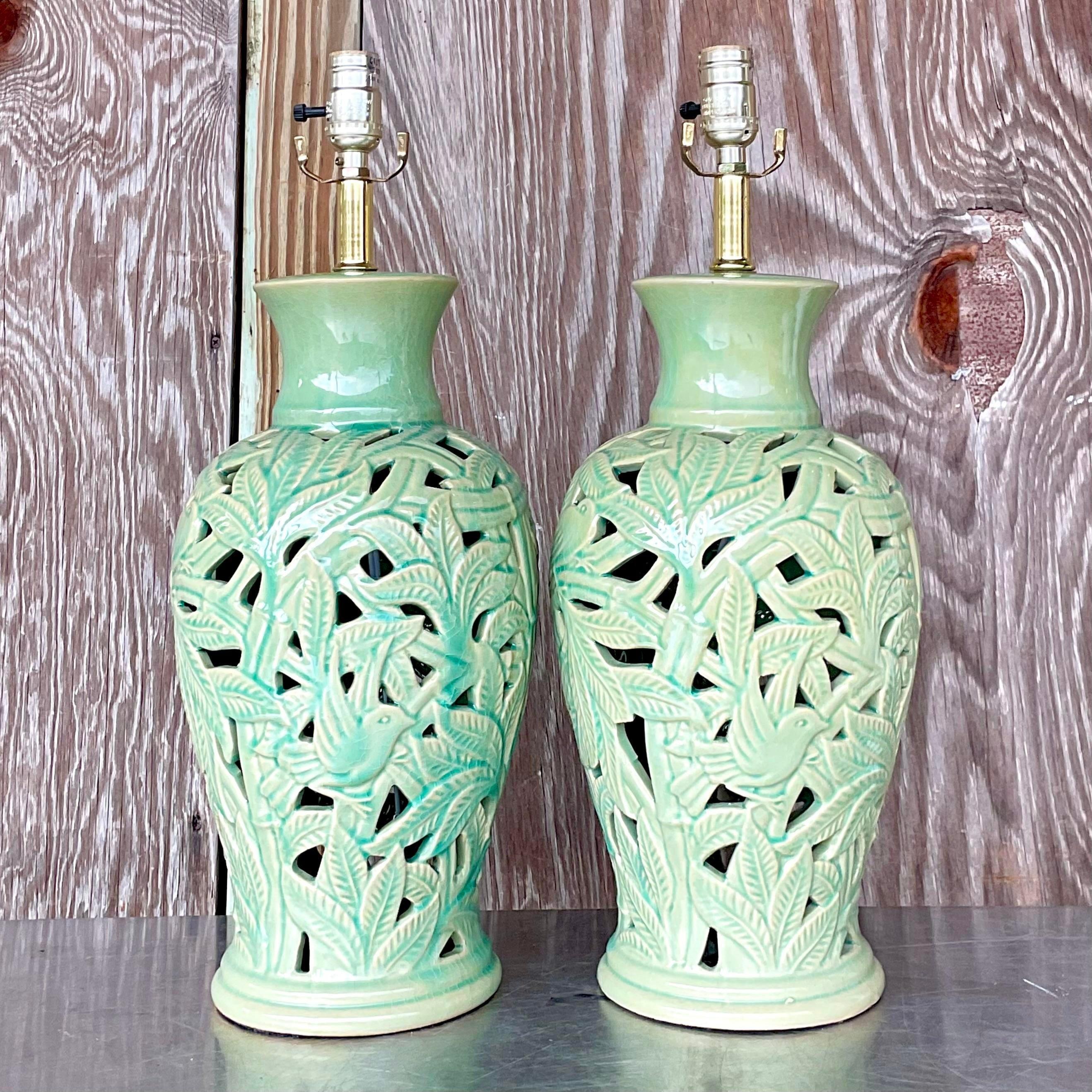 Vintage Boho Glazed Ceramic Cut Out Leaf Lamps - a Pair In Good Condition For Sale In west palm beach, FL