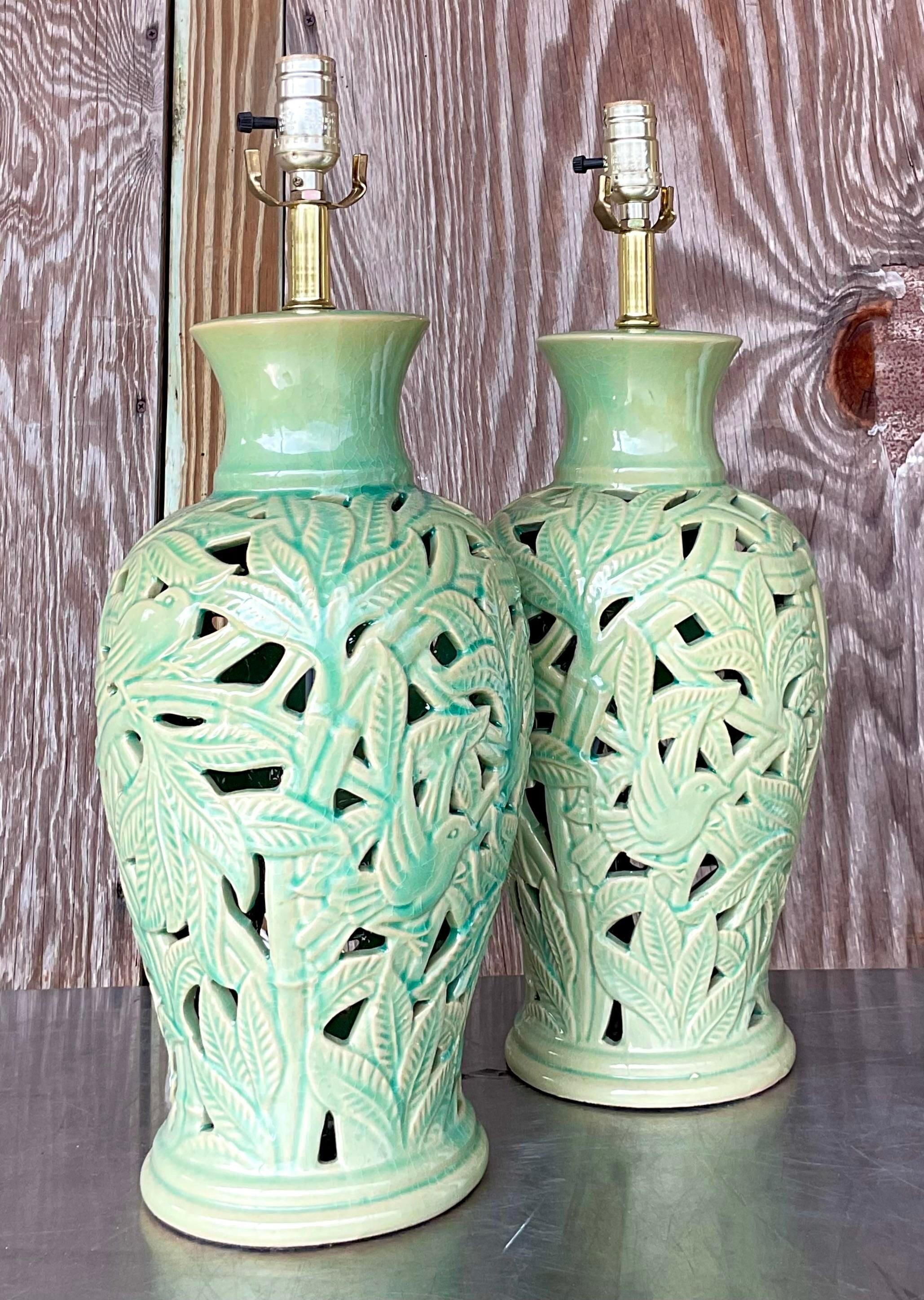 20th Century Vintage Boho Glazed Ceramic Cut Out Leaf Lamps - a Pair For Sale