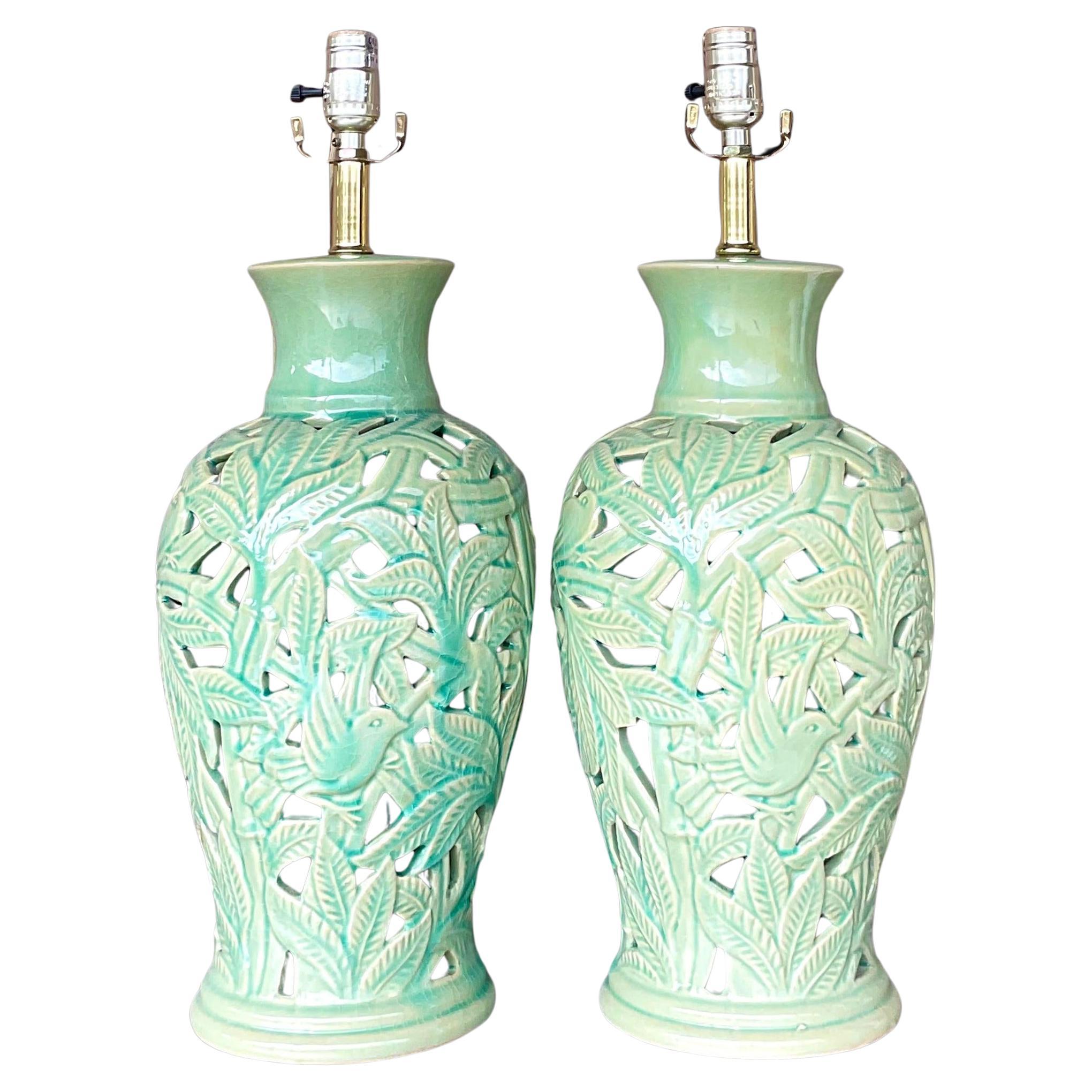 Vintage Boho Glazed Ceramic Cut Out Leaf Lamps - a Pair For Sale