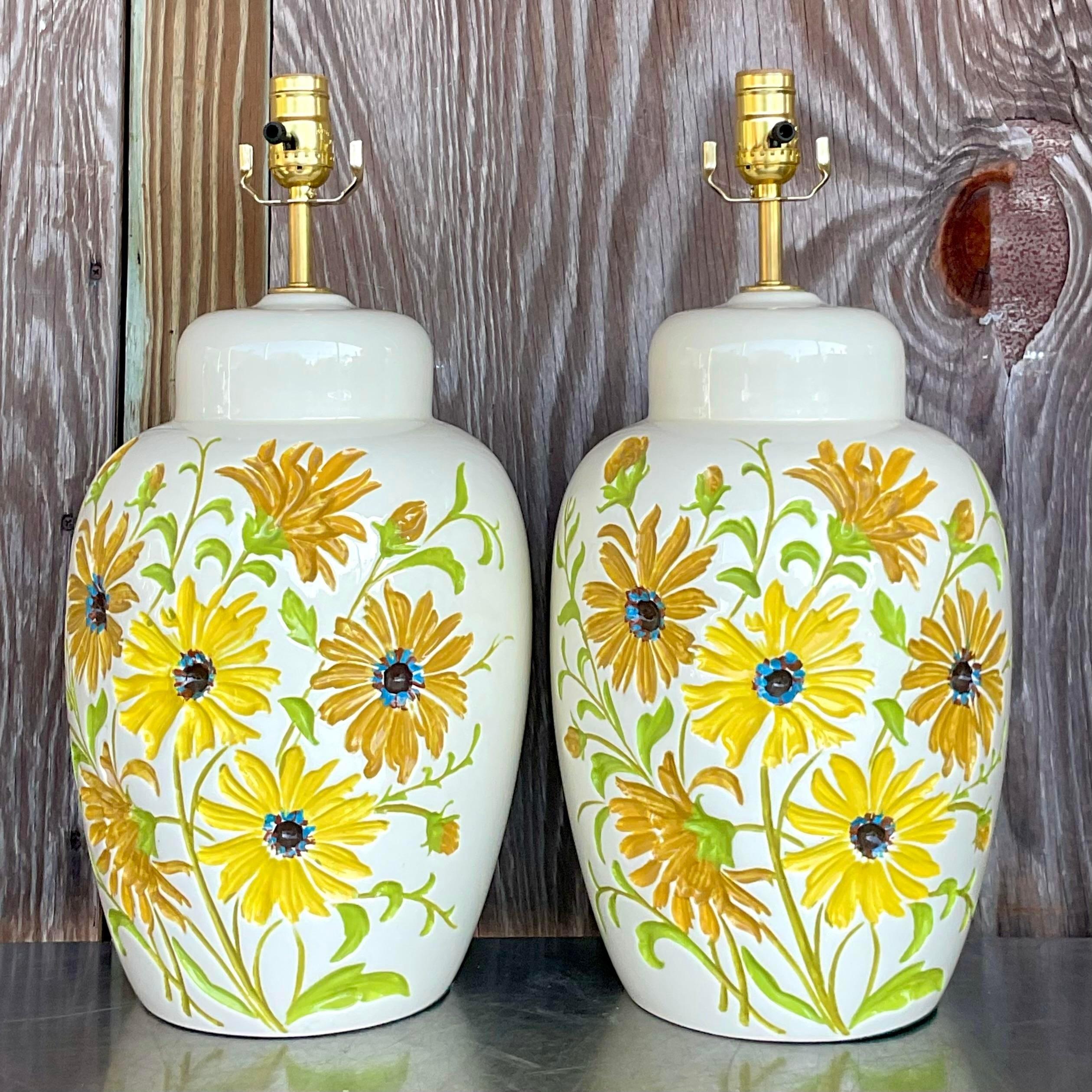 Mid-Century Modern Vintage Boho Glazed Ceramic Daisy Lamps - a Pair