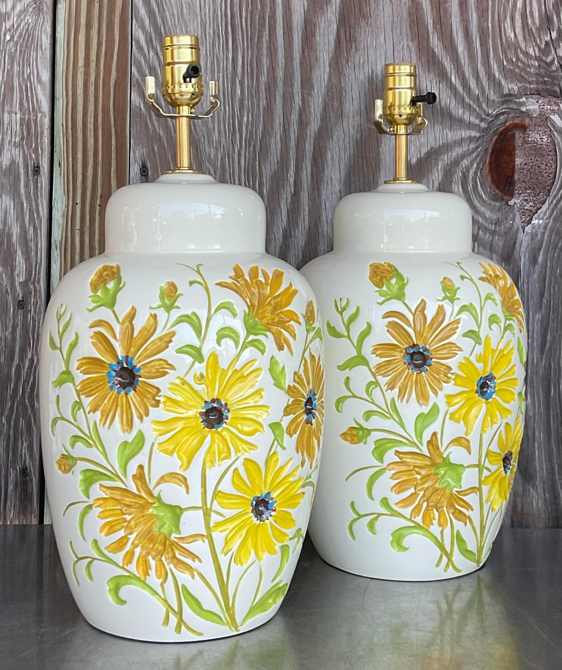 American Vintage Boho Glazed Ceramic Daisy Lamps - a Pair