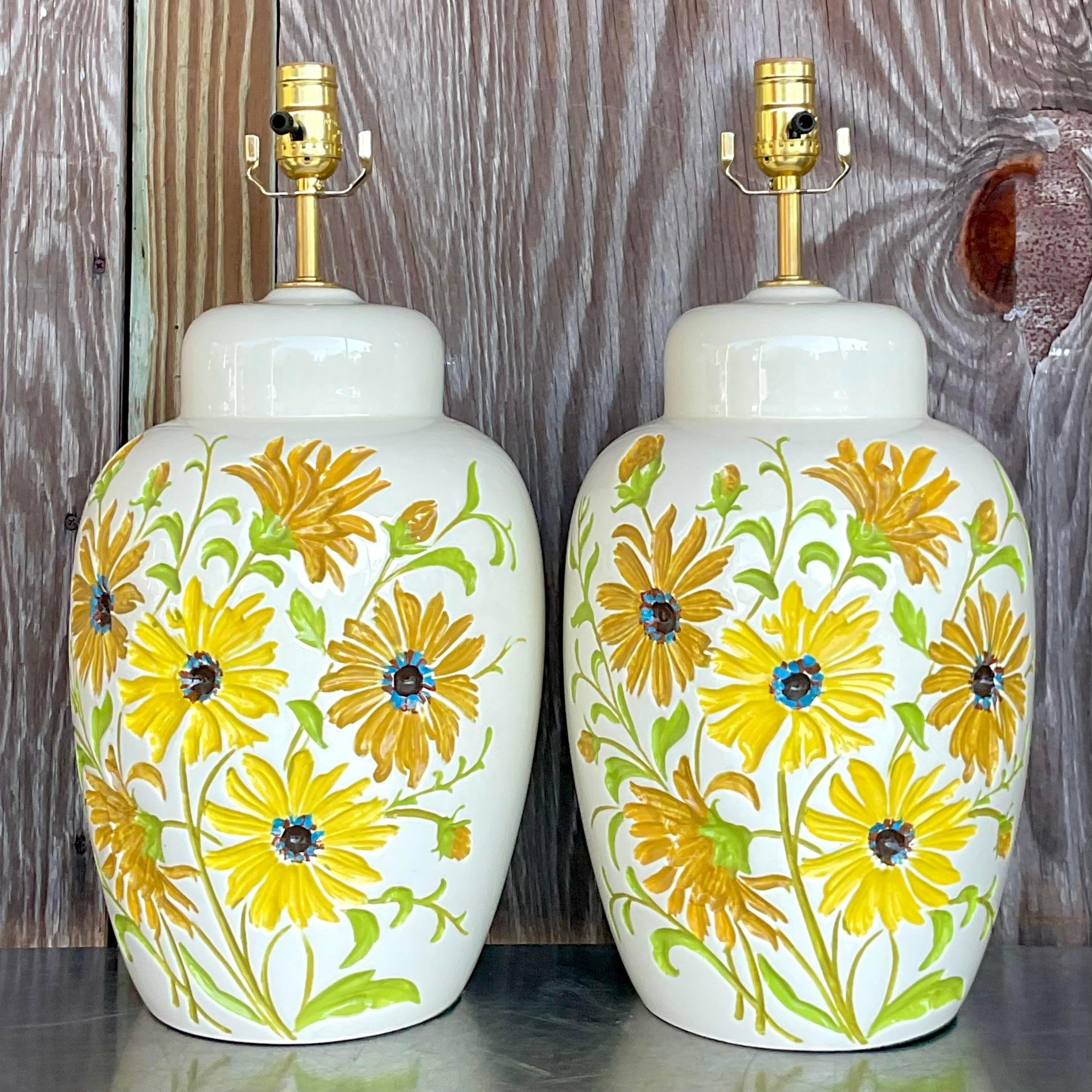Vintage Boho Glazed Ceramic Daisy Lamps - a Pair In Good Condition In west palm beach, FL