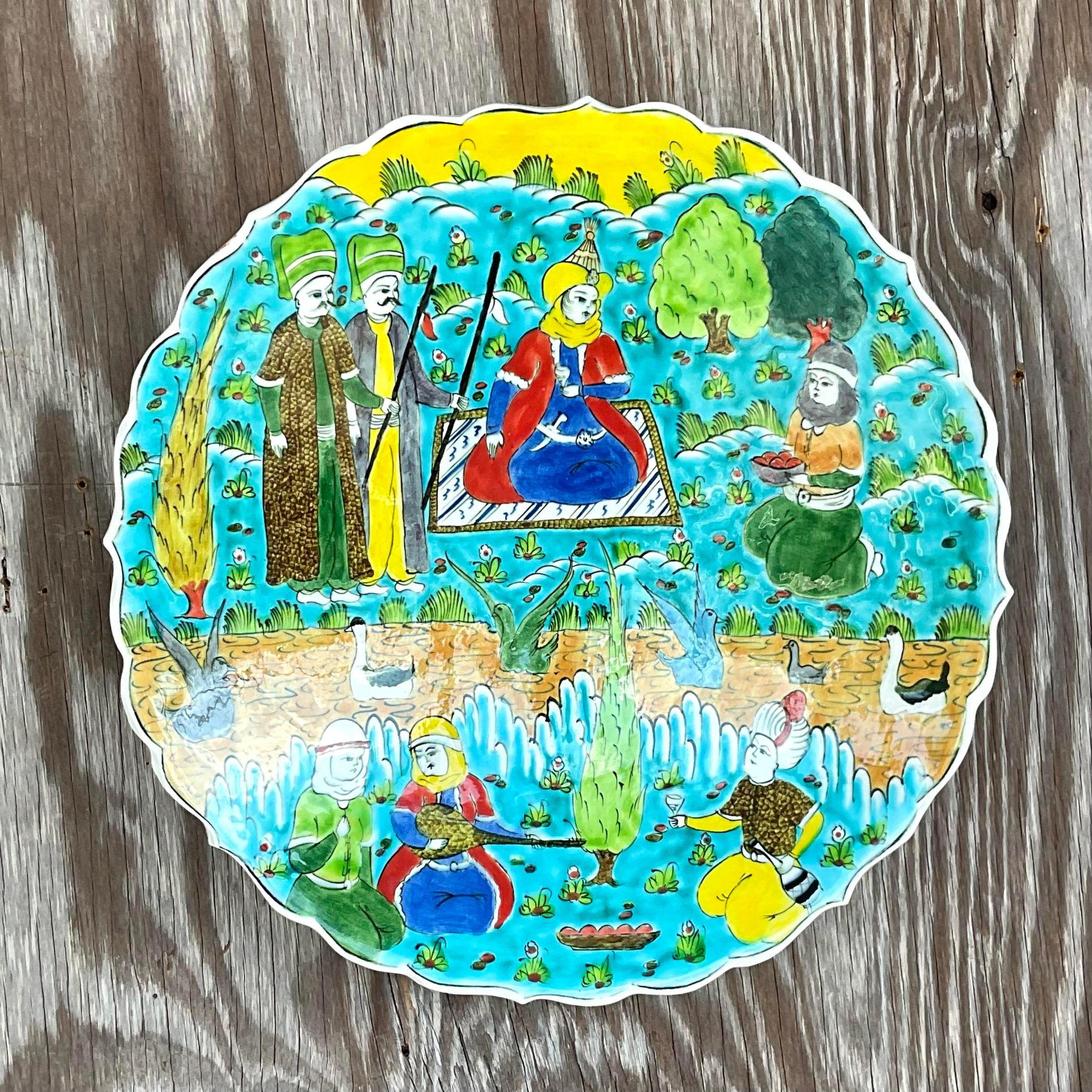 Vintage Boho Glazed Ceramic Decorative Plate In Good Condition For Sale In west palm beach, FL