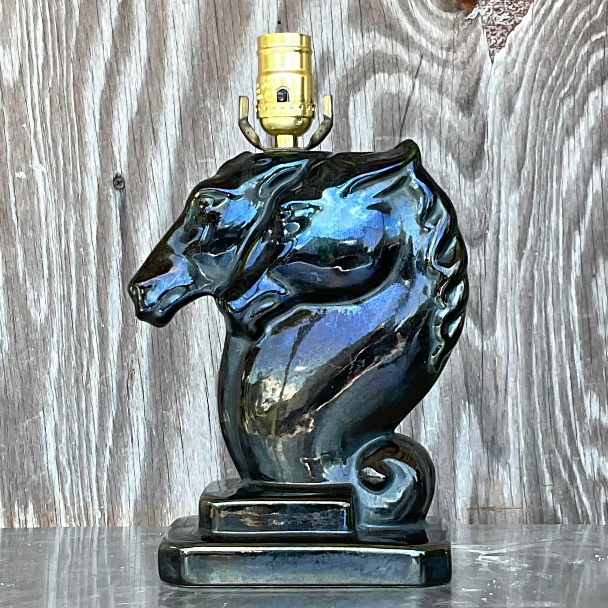 Bohemian Vintage Boho Glazed Ceramic Double Horse Head Lamp For Sale