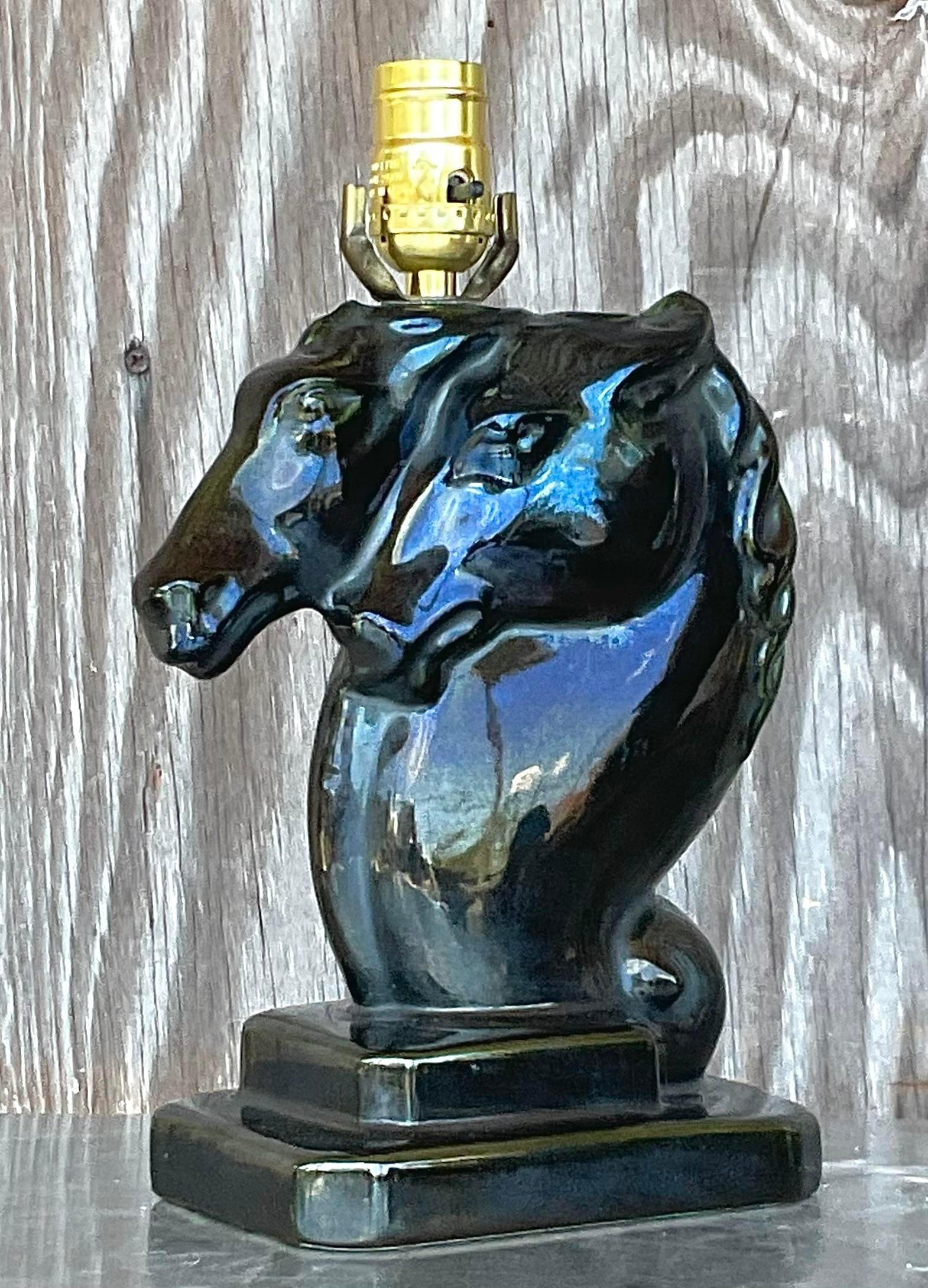Vintage Boho Glazed Ceramic Double Horse Head Lamp In Good Condition For Sale In west palm beach, FL