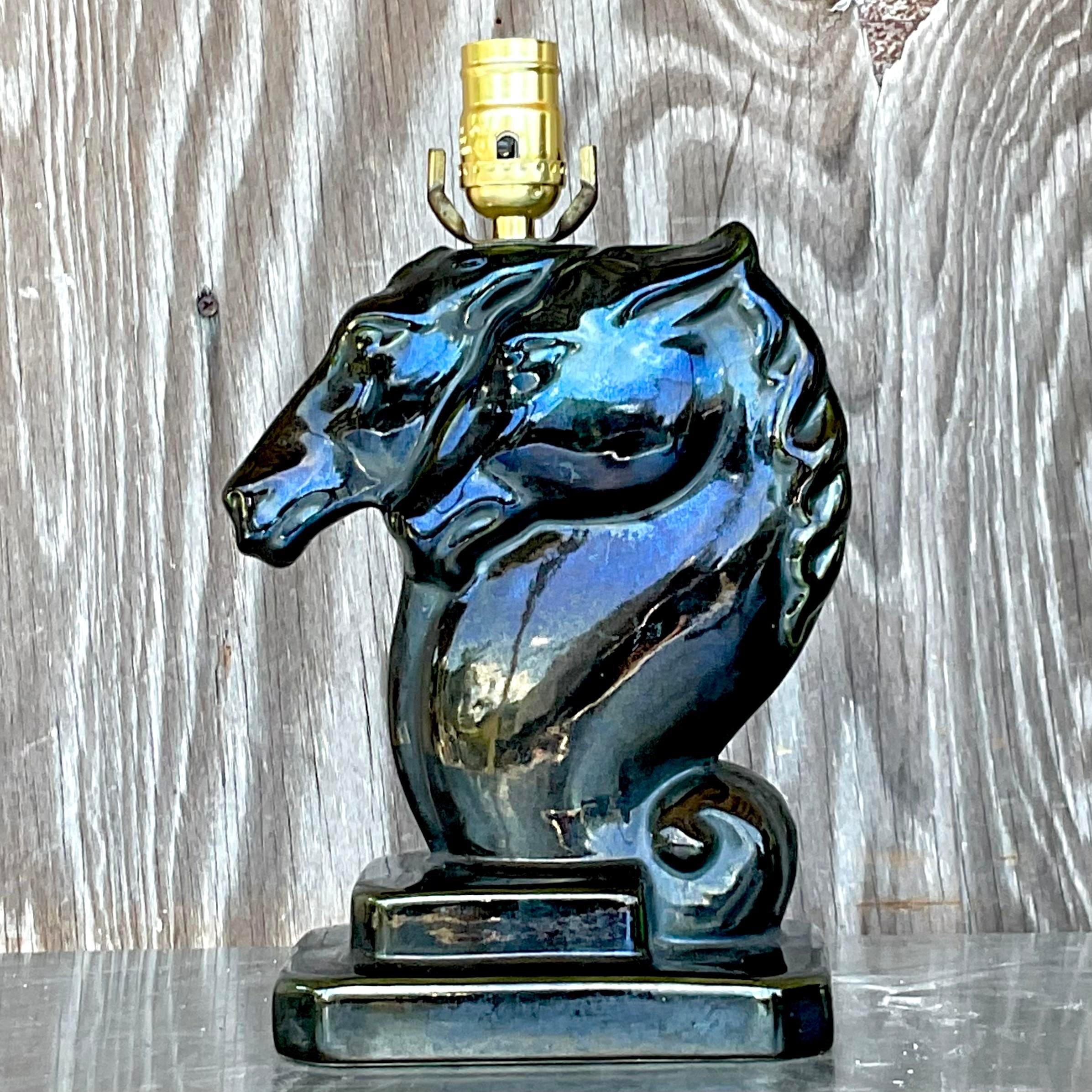 20th Century Vintage Boho Glazed Ceramic Double Horse Head Lamp For Sale