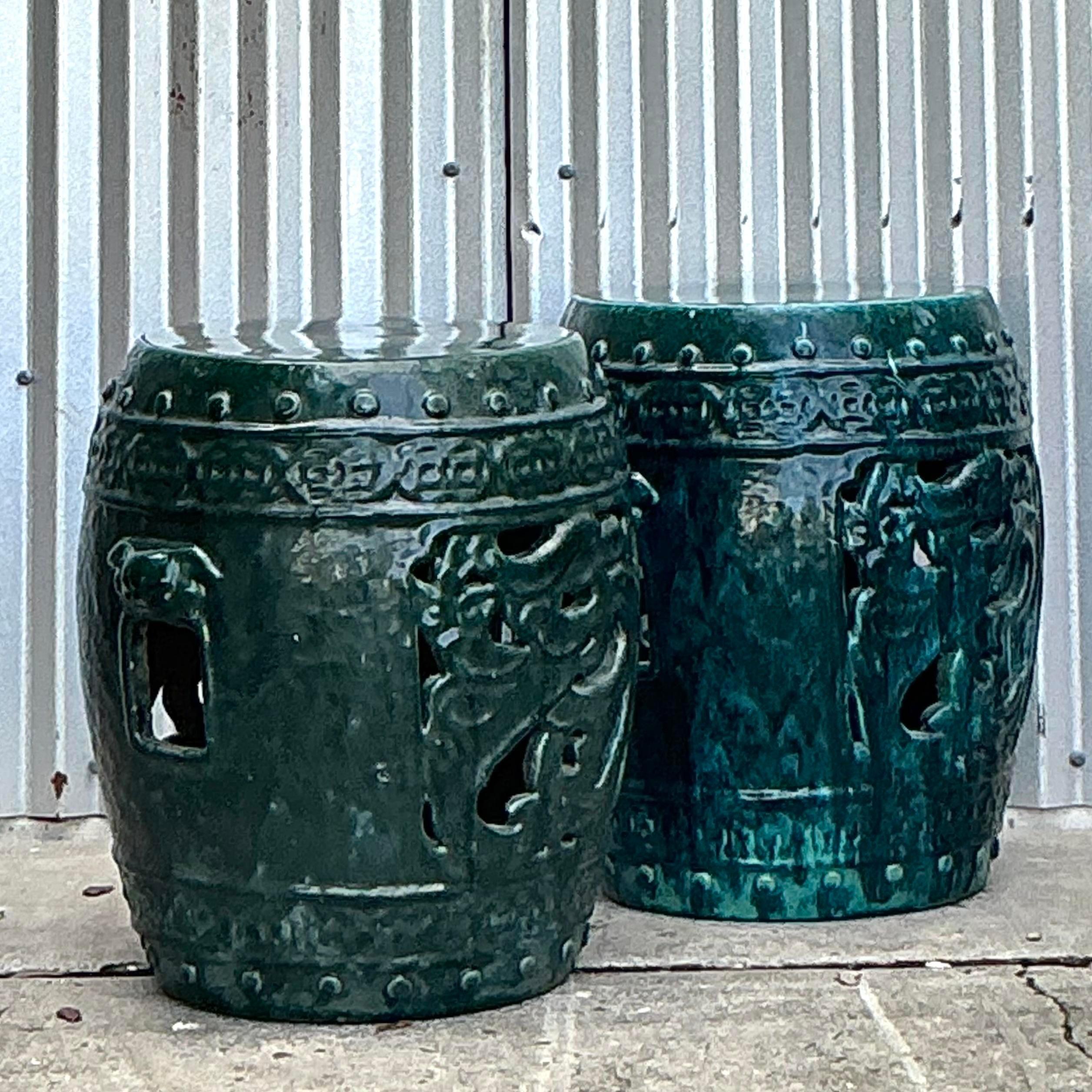 Chinoiserie Vintage Boho Glazed Ceramic Dragon Garden Stools - a Pair