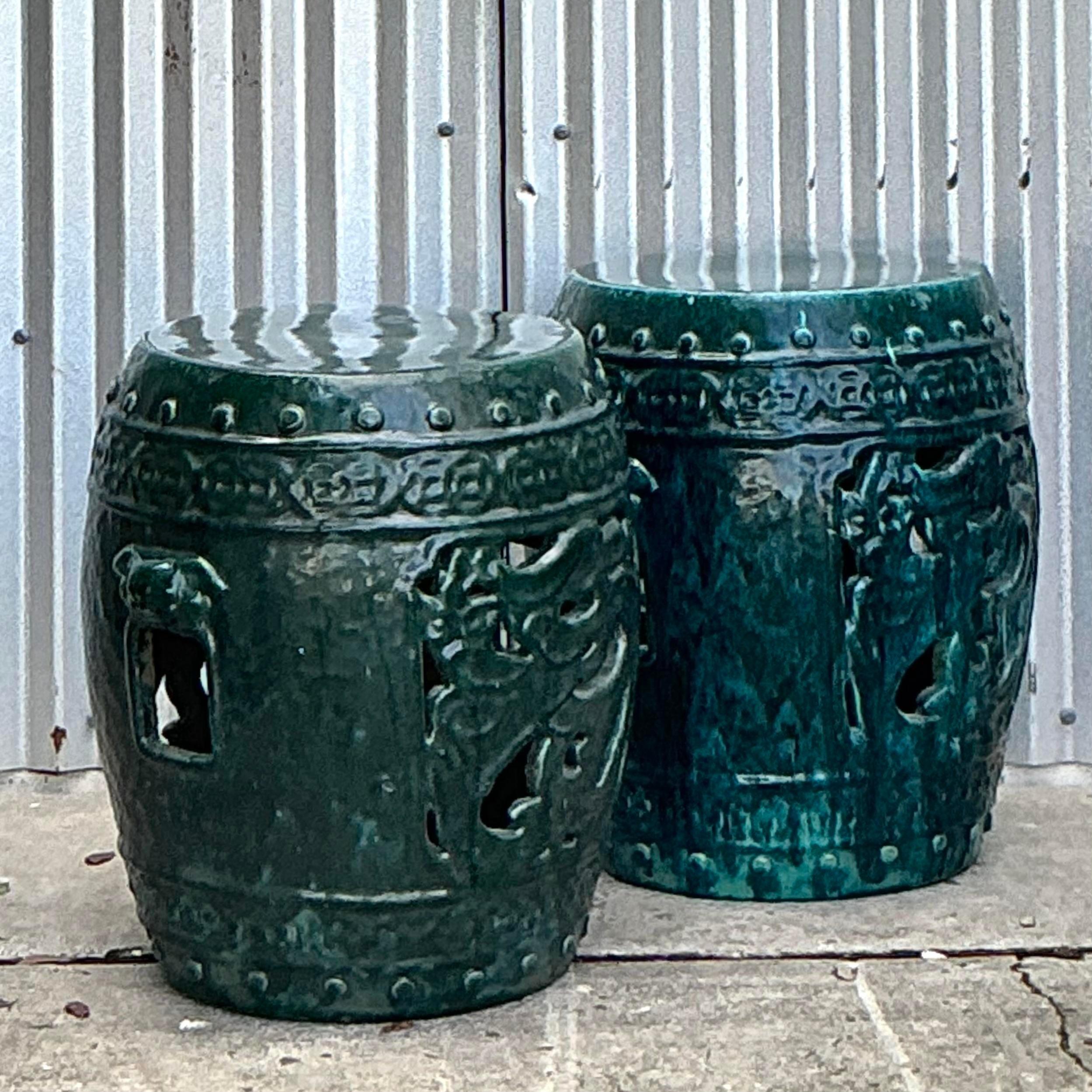American Vintage Boho Glazed Ceramic Dragon Garden Stools - a Pair