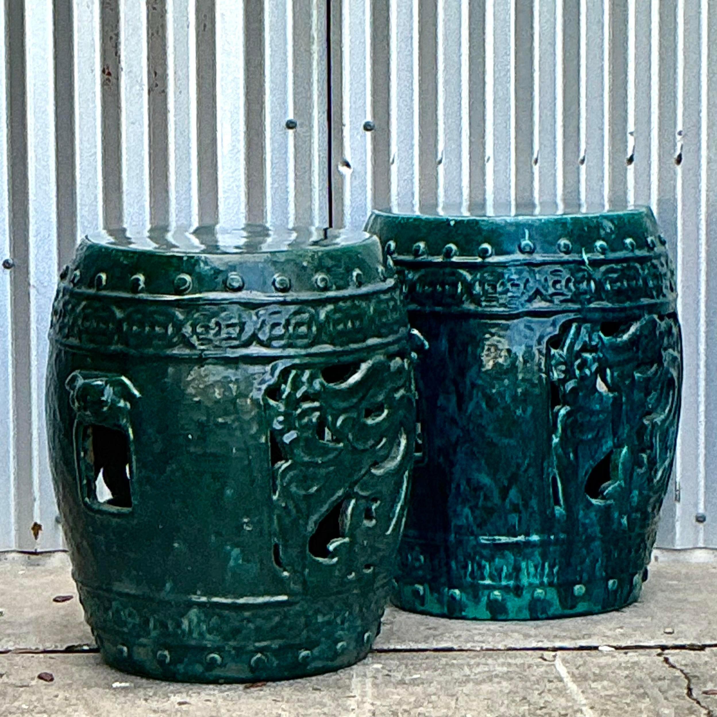 Vintage Boho Glazed Ceramic Dragon Garden Stools - a Pair In Good Condition In West Palm Beach, FL