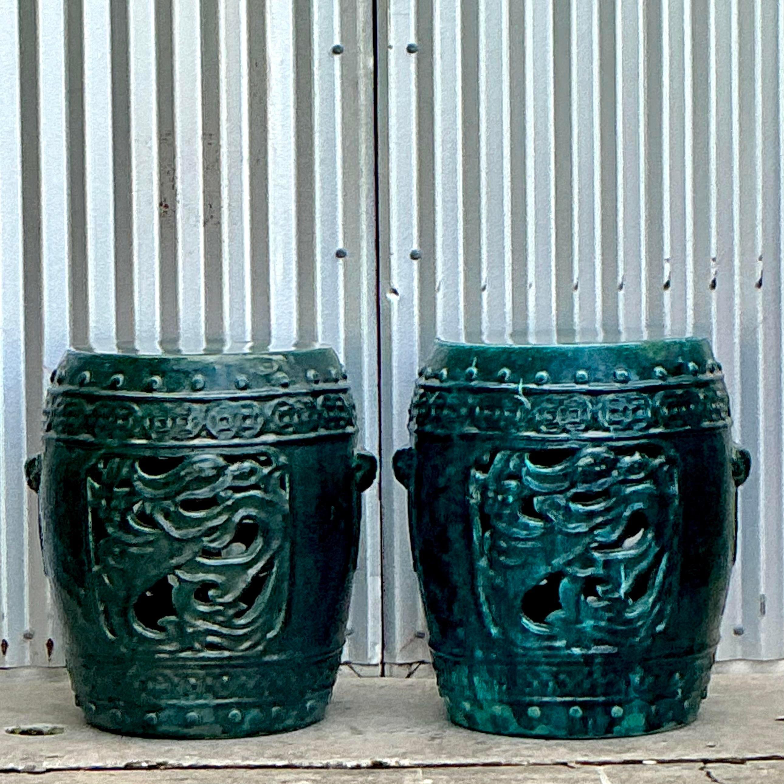 Contemporary Vintage Boho Glazed Ceramic Dragon Garden Stools - a Pair