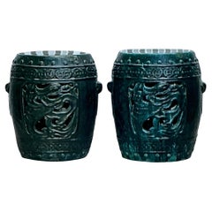 Vintage Boho Glazed Ceramic Dragon Garden Stools - a Pair
