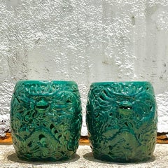 Vintage Boho Glazed Ceramic Dragon Stools - a Pair