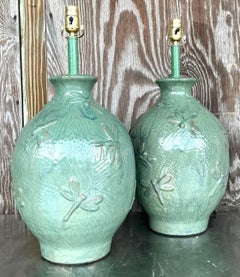 Vintage Boho Glazed Ceramic Dragonfly Lamps - a Pair
