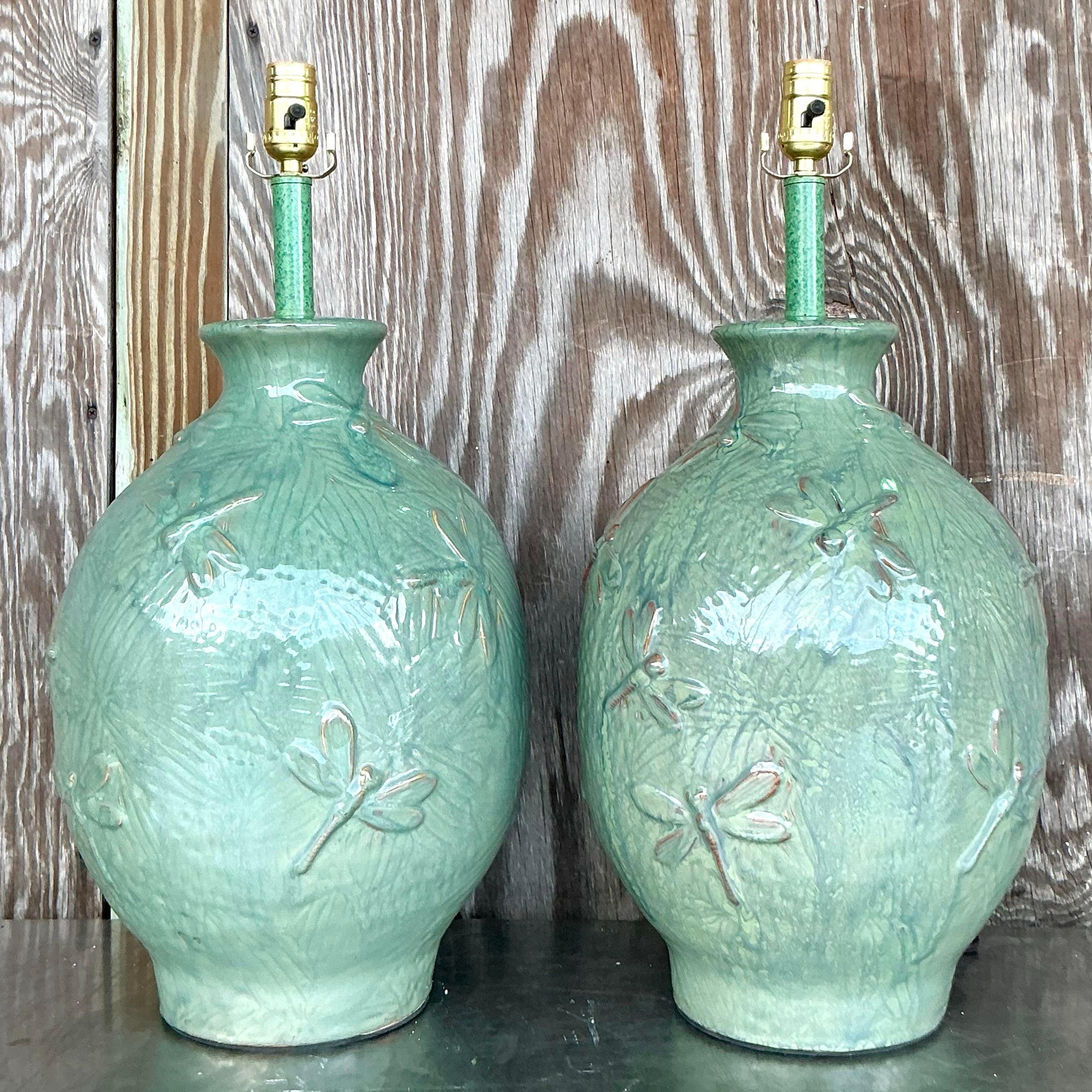 Mid-Century Modern Vintage Boho Glazed Ceramic Dragonfly Lamps - a Pair