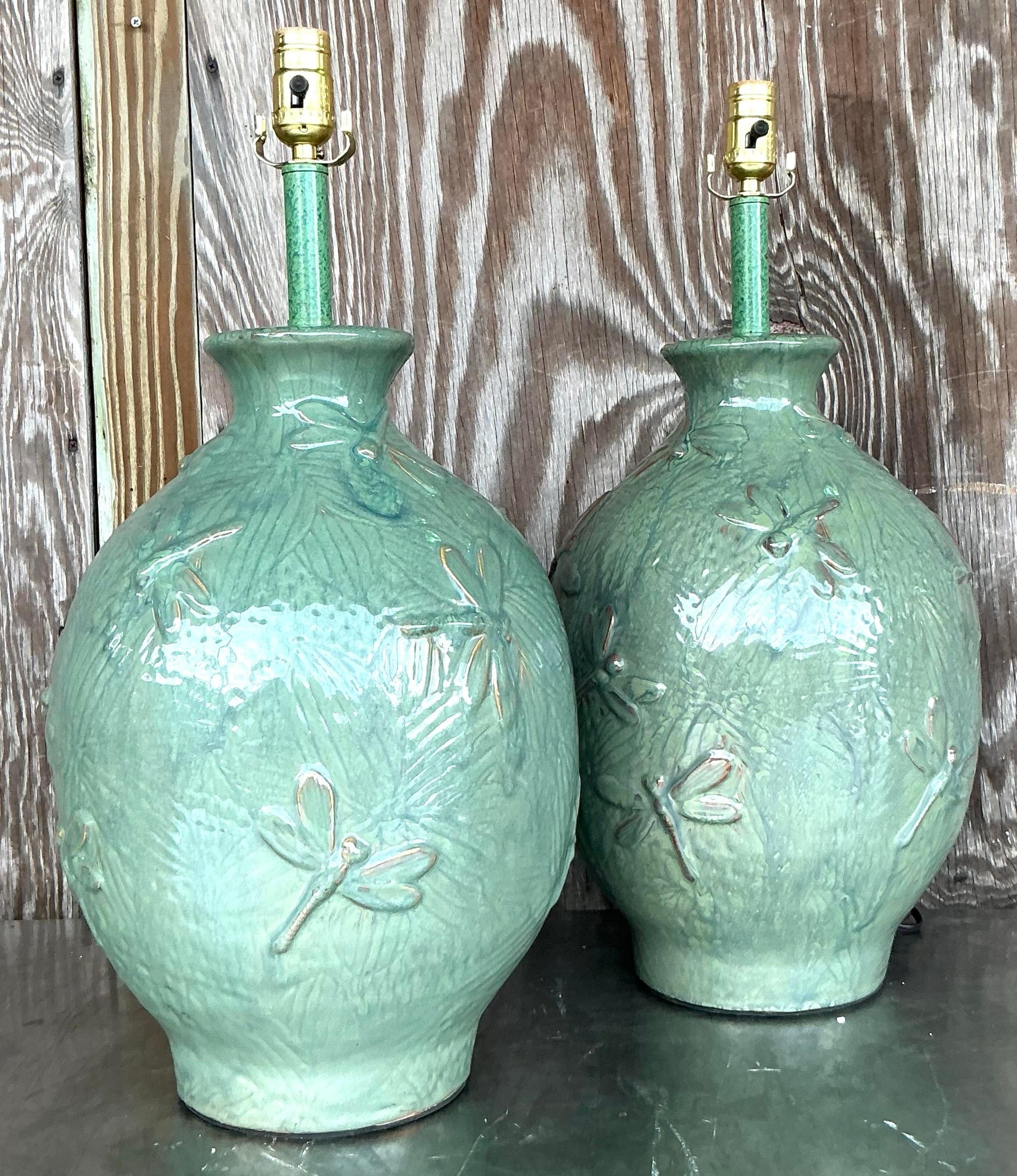 American Vintage Boho Glazed Ceramic Dragonfly Lamps - a Pair