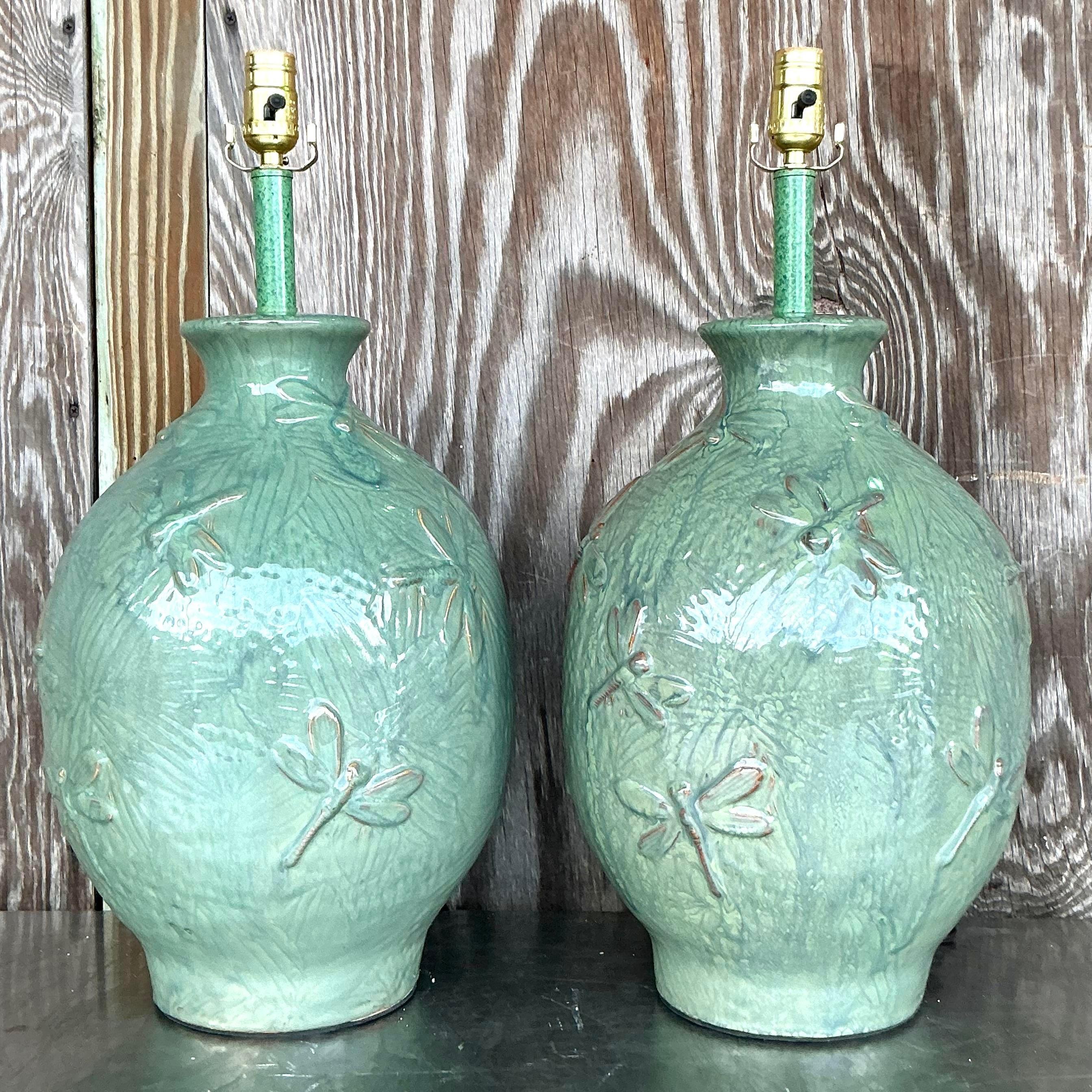 Vintage Boho Glazed Ceramic Dragonfly Lamps - a Pair In Good Condition In West Palm Beach, FL
