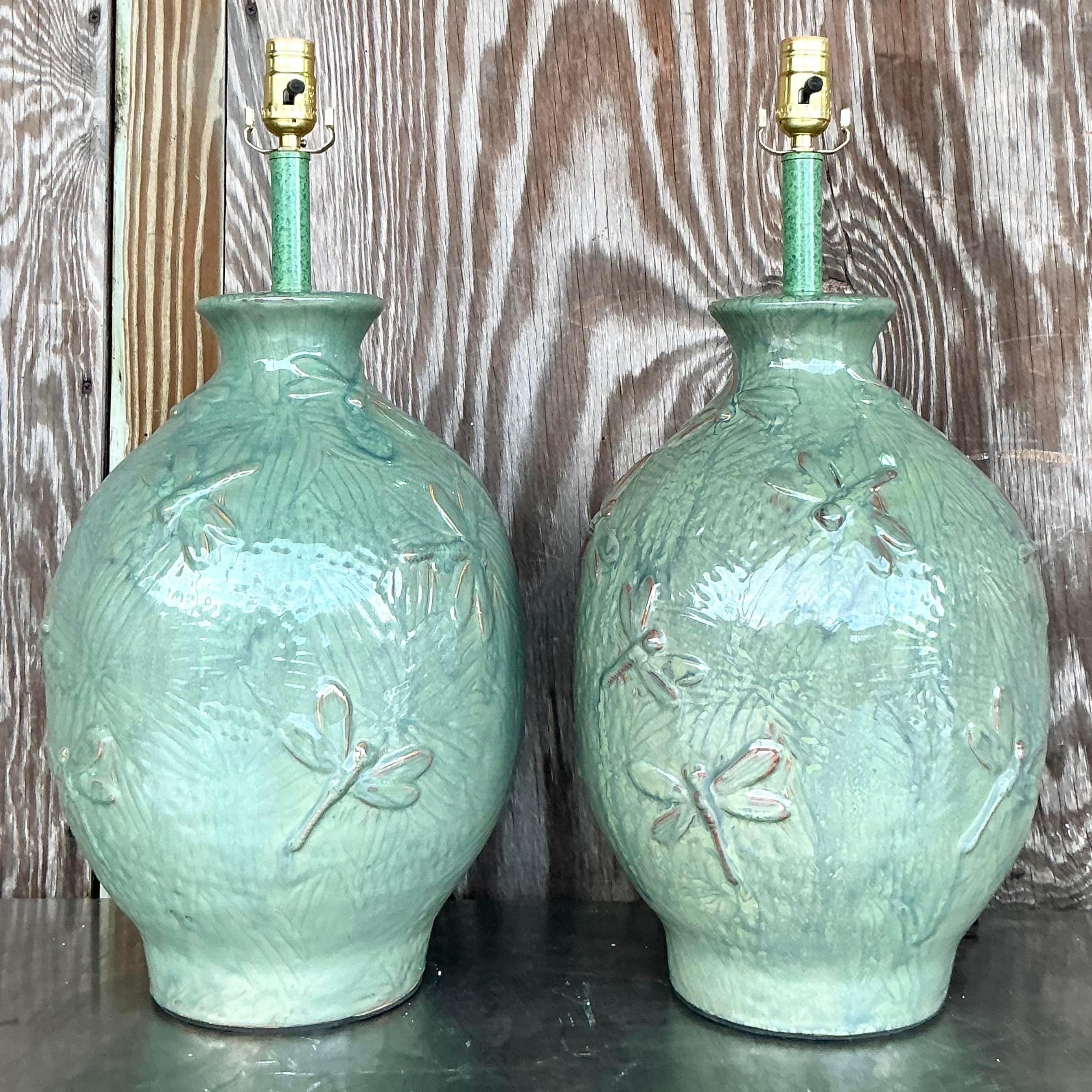 20th Century Vintage Boho Glazed Ceramic Dragonfly Lamps - a Pair