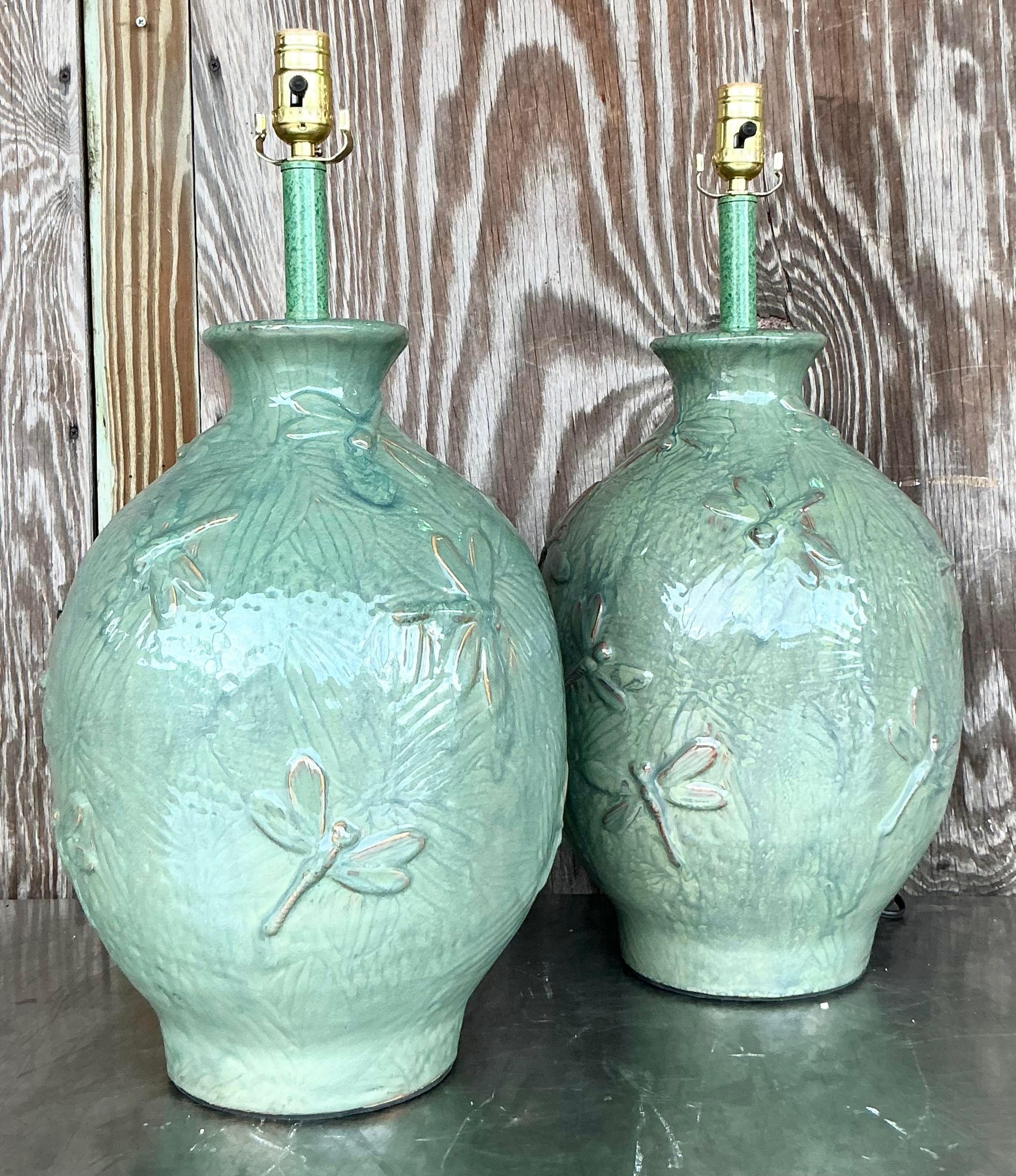 Vintage Boho Glazed Ceramic Dragonfly Lamps - a Pair 1