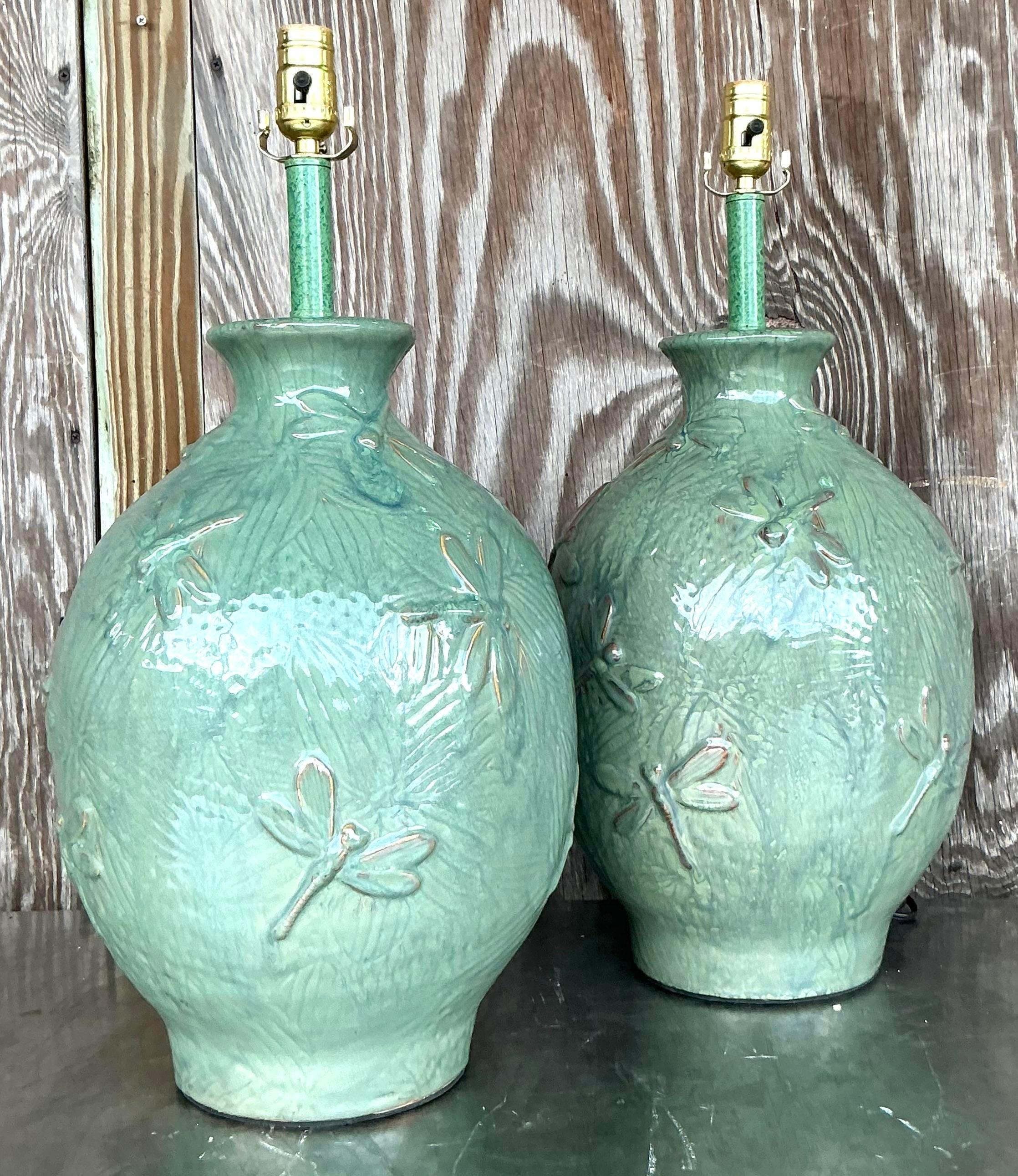 Vintage Boho Glazed Ceramic Dragonfly Lamps - a Pair 2