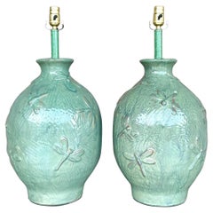 Vintage Boho Glazed Ceramic Dragonfly Lamps - a Pair