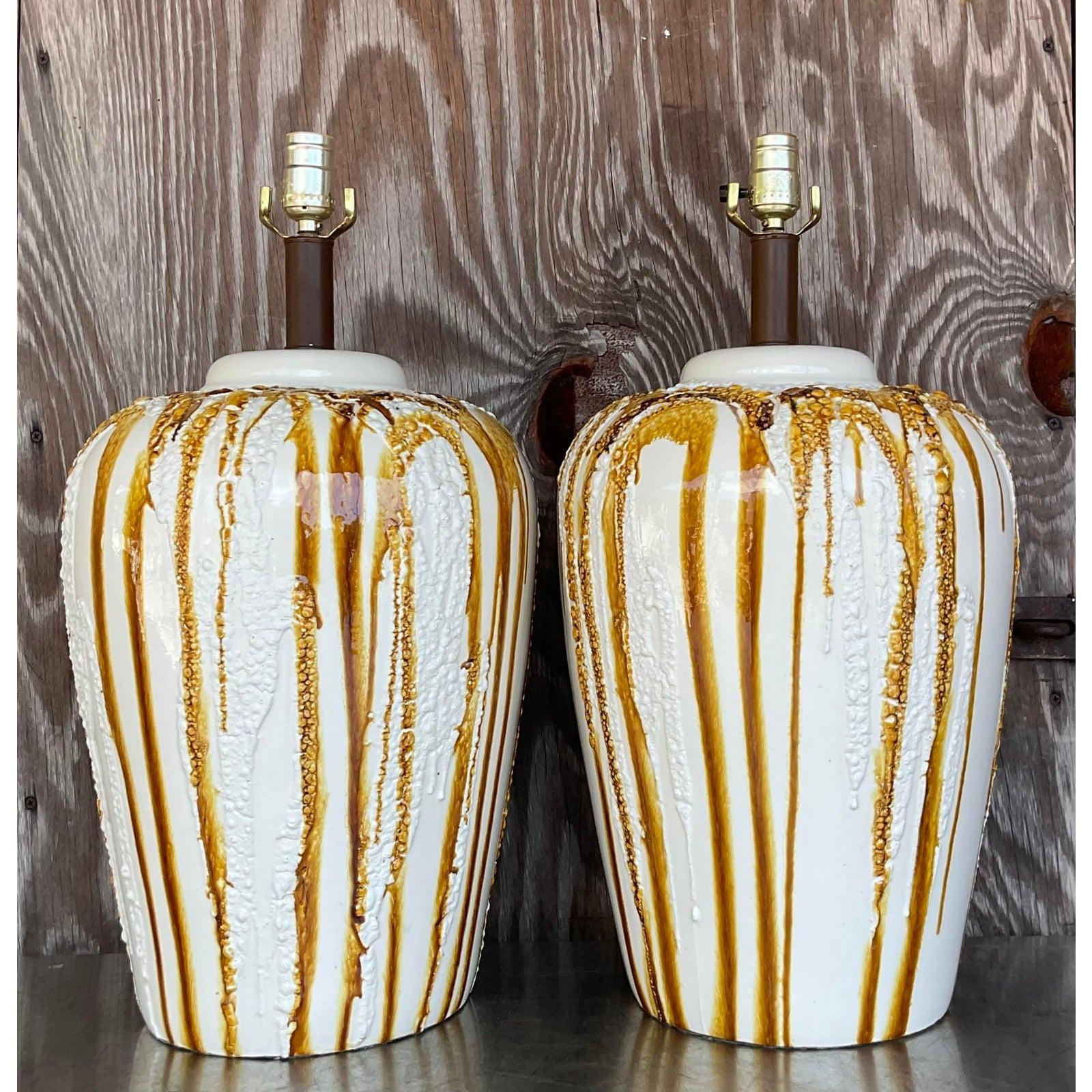 North American Vintage Boho Glazed Ceramic Drip Lamps - a Pair