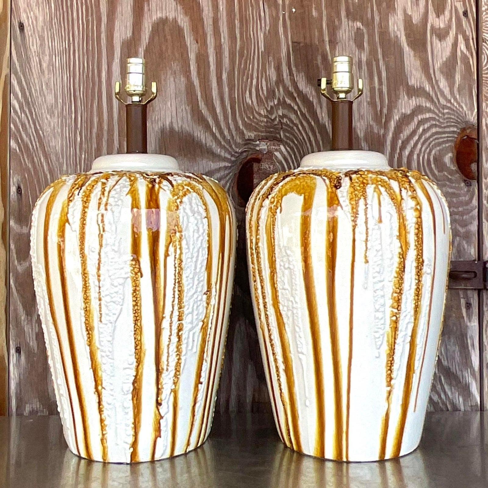 Vintage Boho Glazed Ceramic Drip Lamps - a Pair In Good Condition In west palm beach, FL